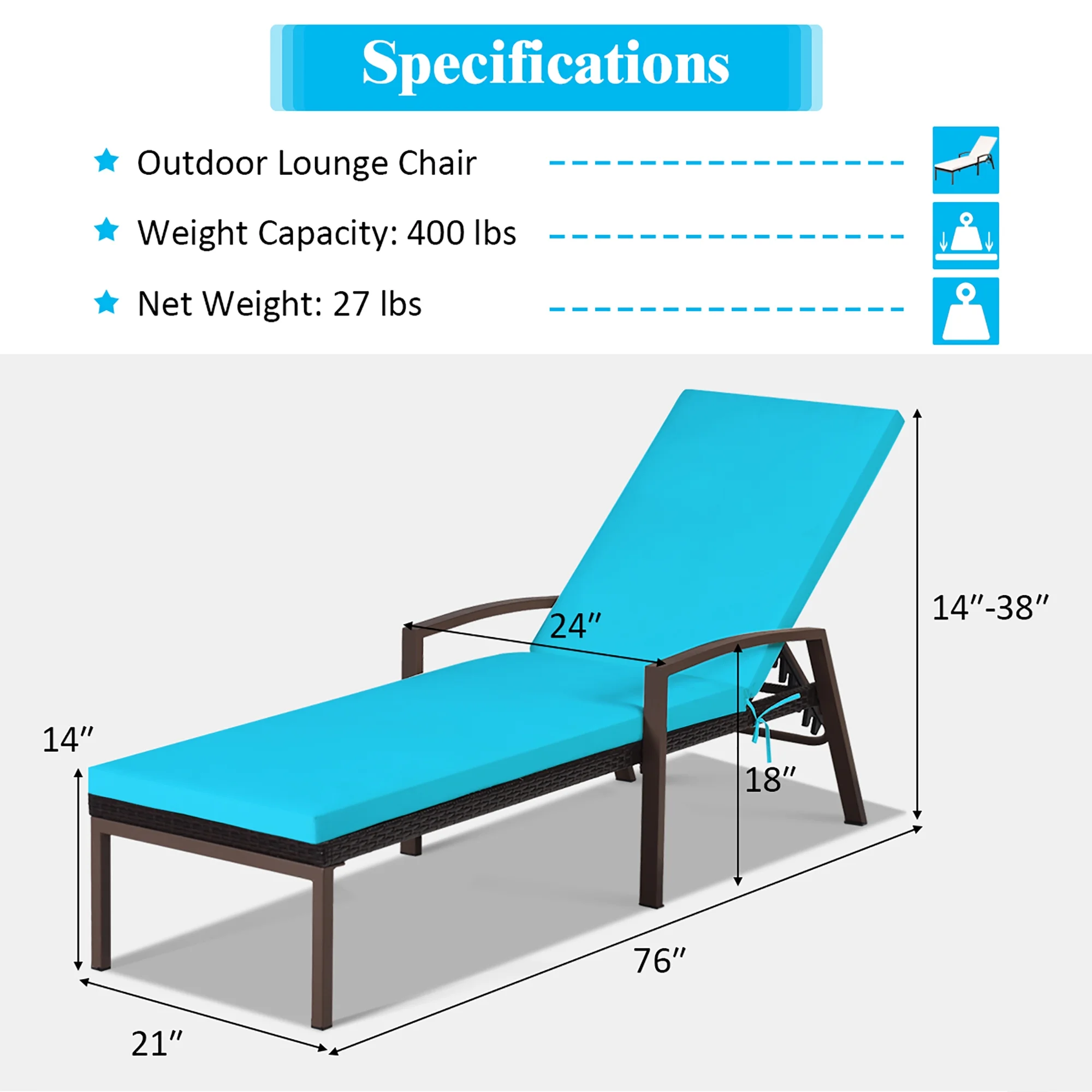 Costway 2PCS Patio Rattan Lounge Chair Chaise Recliner Back Adjustable Cushioned Red - Image 14