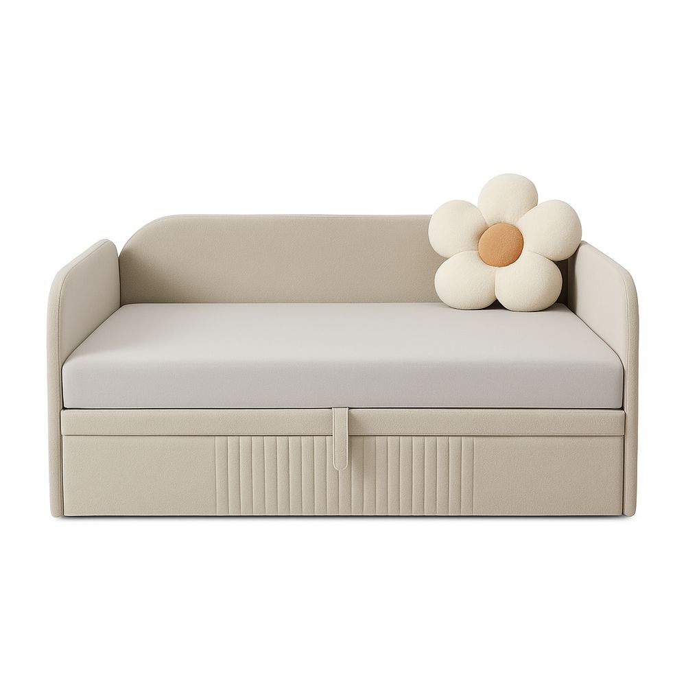 Sofá Cama Estilo Moderno con Almacenamiento, Estructura de Madera, Tapizado en Tela Suave, Color Beige, Diseño Compacto y Funcional