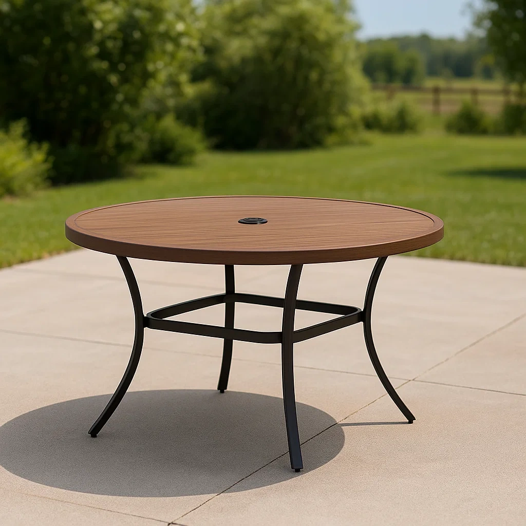 Mesa de comedor de terraza,marrón,madera y metal,adecuado para jardín,diámetro 135 cm x altura 71 cm
