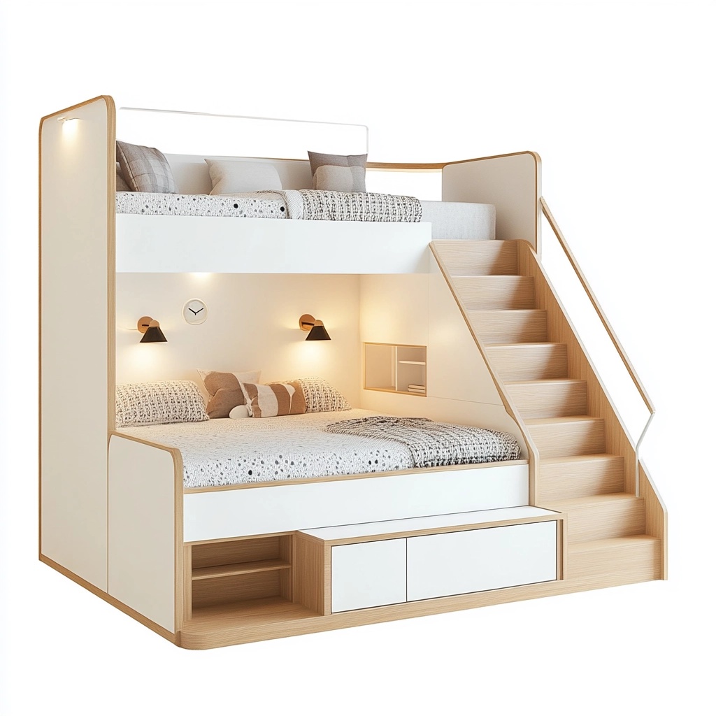 Litera Blanca/Natural de Madera con Escalera Almacenamiento Infantil