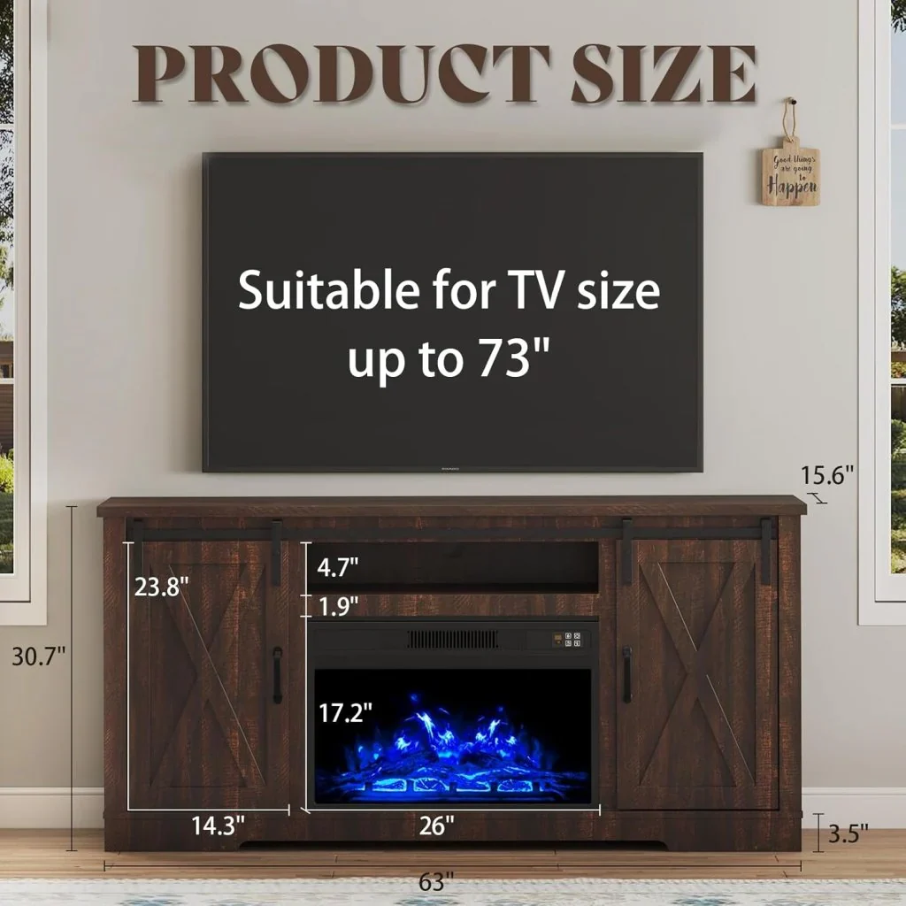 AMERLIFE Fireplace TV Stand with Sliding Barn Door for TVs up to 73", Farmhouse 63" Fireplace Entertainment Center with Storage Cabinets/Adjustable Shelves