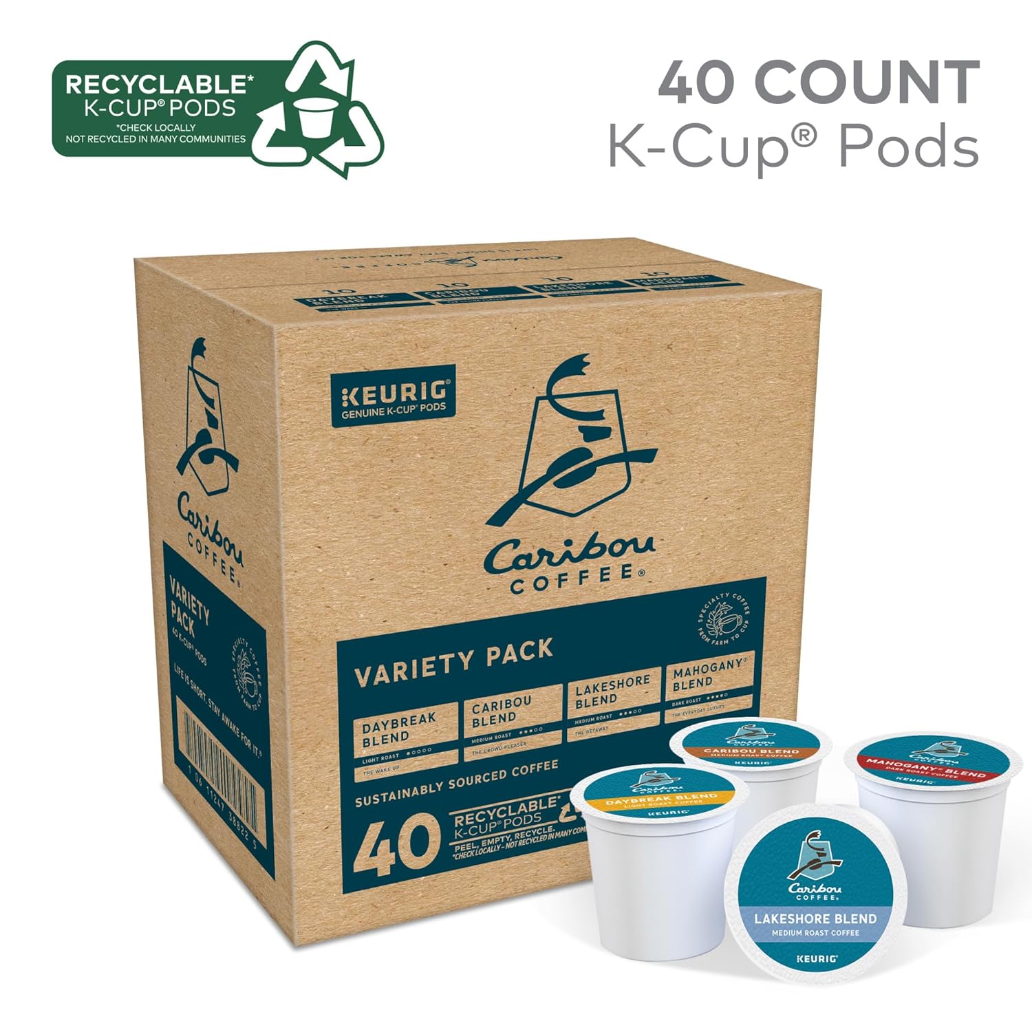 Caribou Coffee Single Serve Keurig K-Cup Pod Variety Pack. Light. Medium. and Dark Roast Coffees. 40-Count Box(Pack of 1)