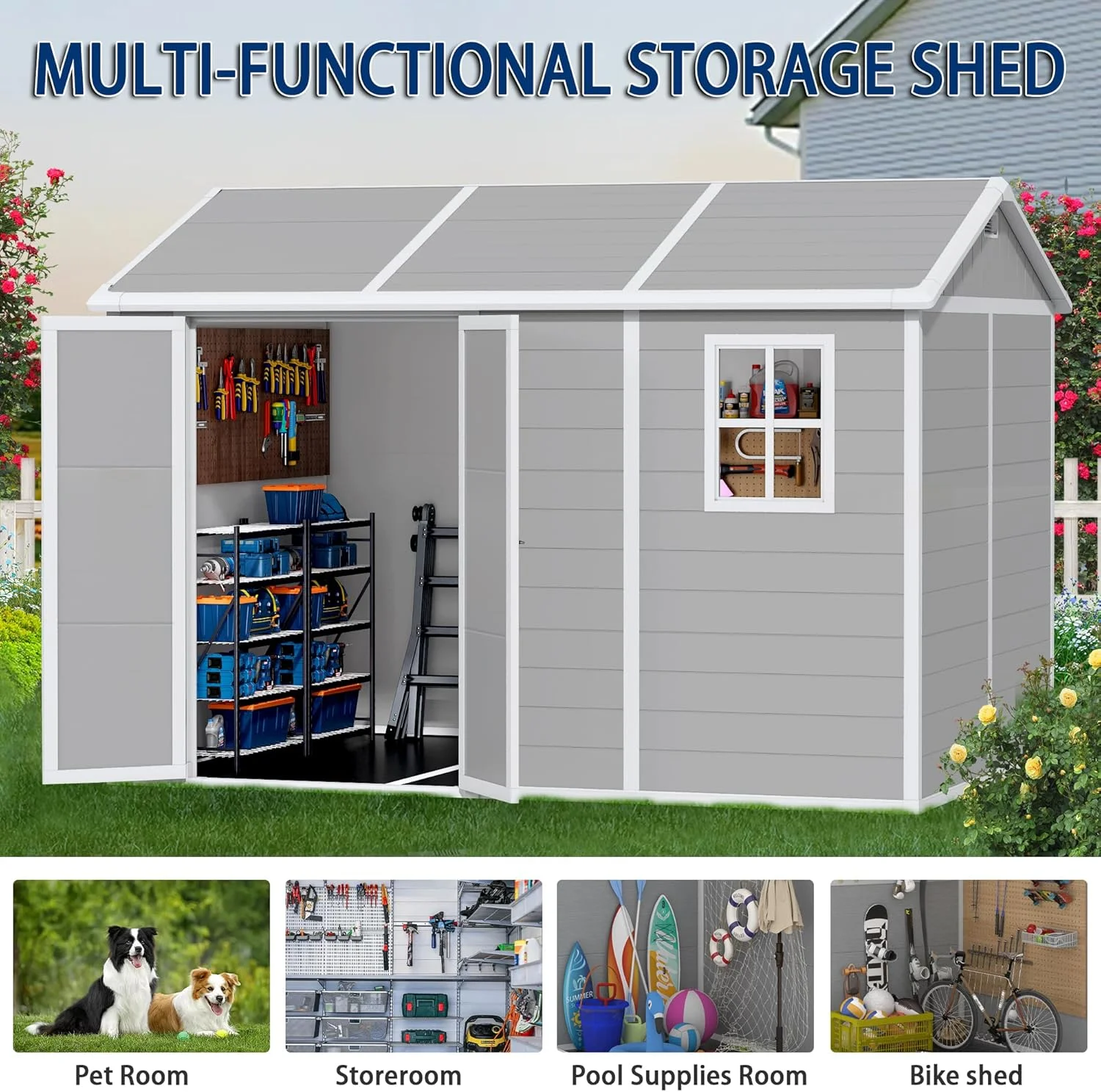 9 x 5.8 FT Outdoor Storage Shed, Linor Resin Shed with Floor, Window, and Vents, Weather-Resistant Garden Shed for Garden Tool Outside Sheds, Bike Shed, Backyard Shed - Image 16