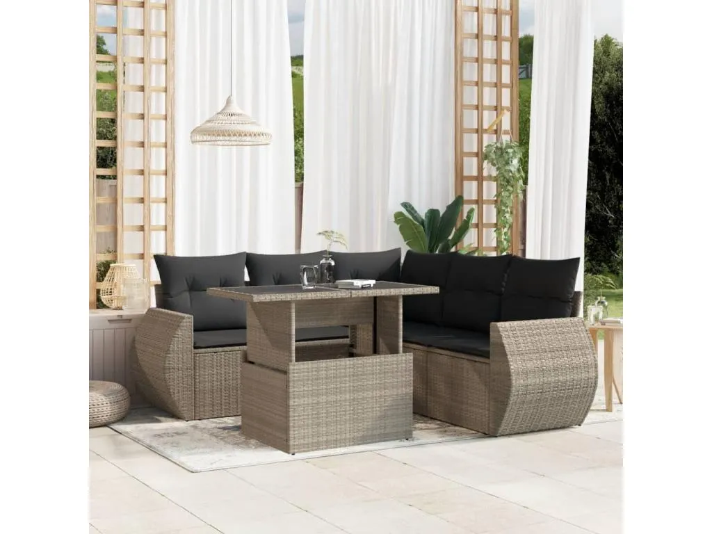 Set de sofás de jardín 6 pzas y cojines ratán sintético gris