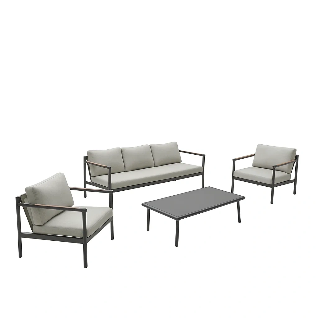 Conjunto de jardín para 4 personas, Estructura metálica, 1 sofá de 3 plazas, 2 sillones, 1 mesa rectangular, Gris y cojines beige - IrrxpyW210Bz