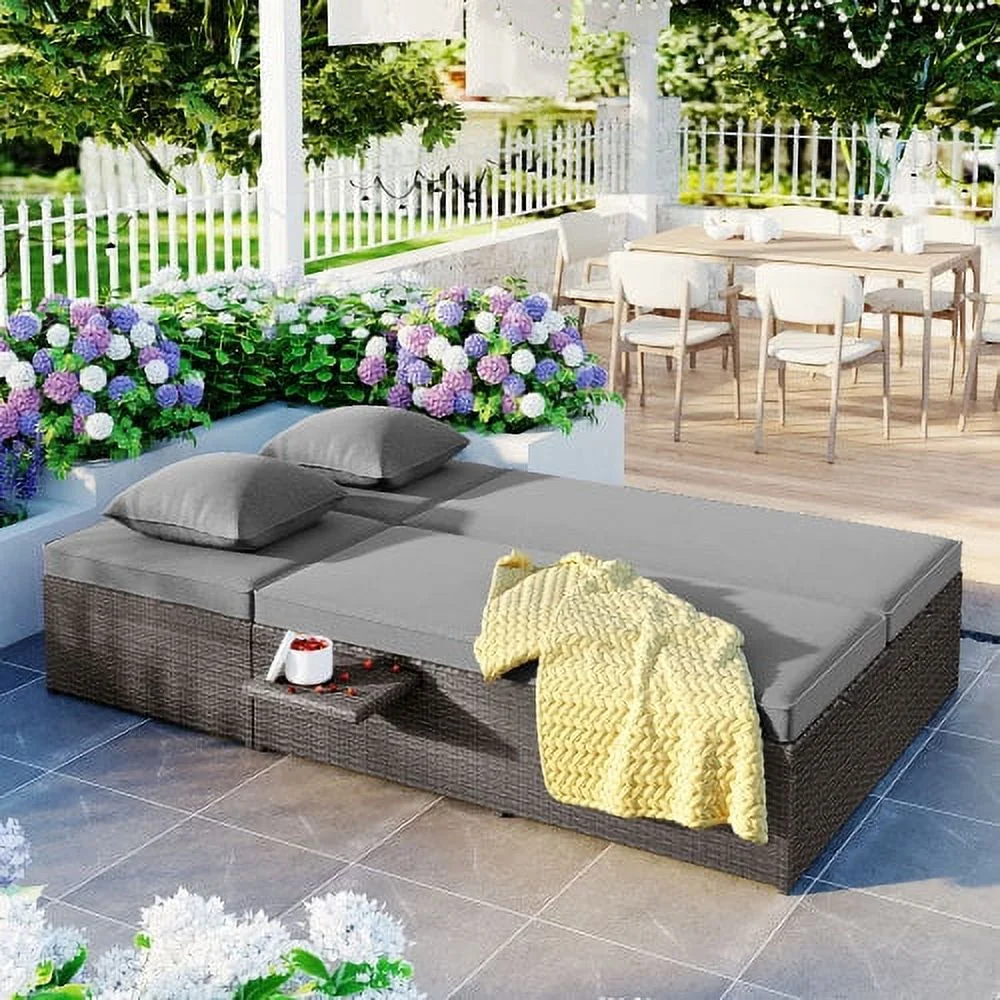 Harper & Bright Designs Rattan Outdoor Double Lounge Chaise 2-Person PE Wicker Outdoor Patio Sunbed with Canopy Cover for Backyard Garden Balcony, Beige+Black - Image 55