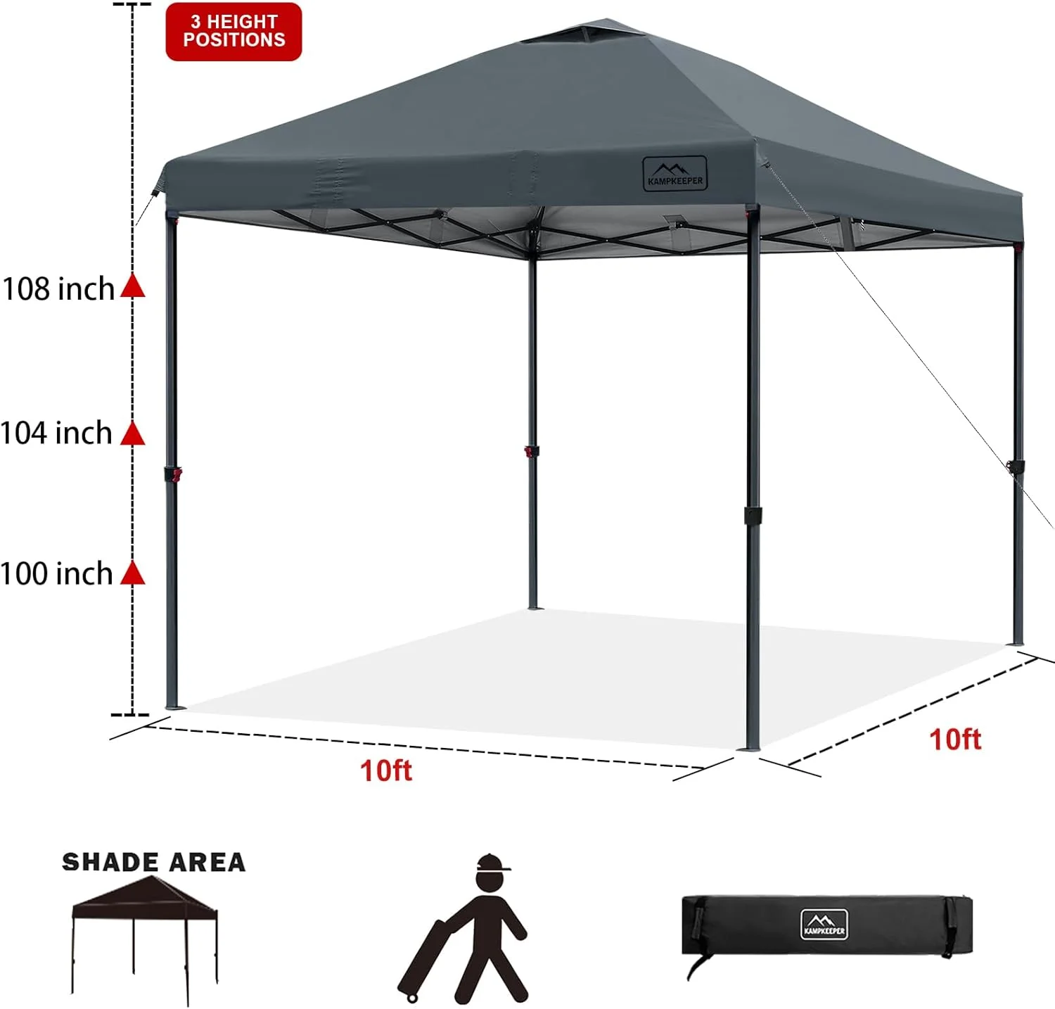 KAMPKEEPER One Person Setup 10x10 Pop up Canopy Tent, Instant Portable Canopy, One Push Outdoor Canopy with 3 Adjustable Heights, Wheeled Carry Bag, Bonus 8 Stakes and 4 Ropes(Dark Grey) - Image 4