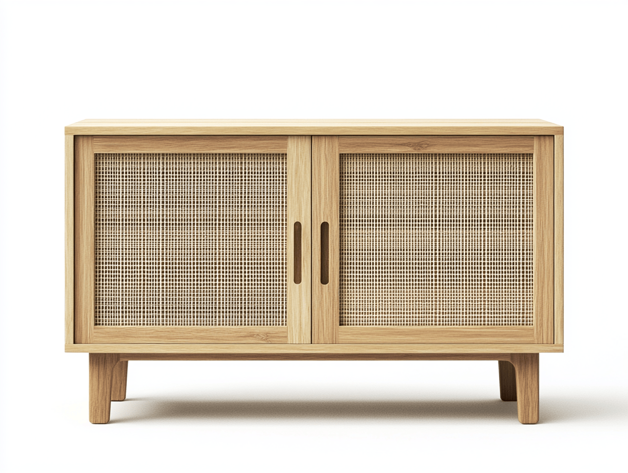 Armario de madera clara con puertas de ratán y patas de madera