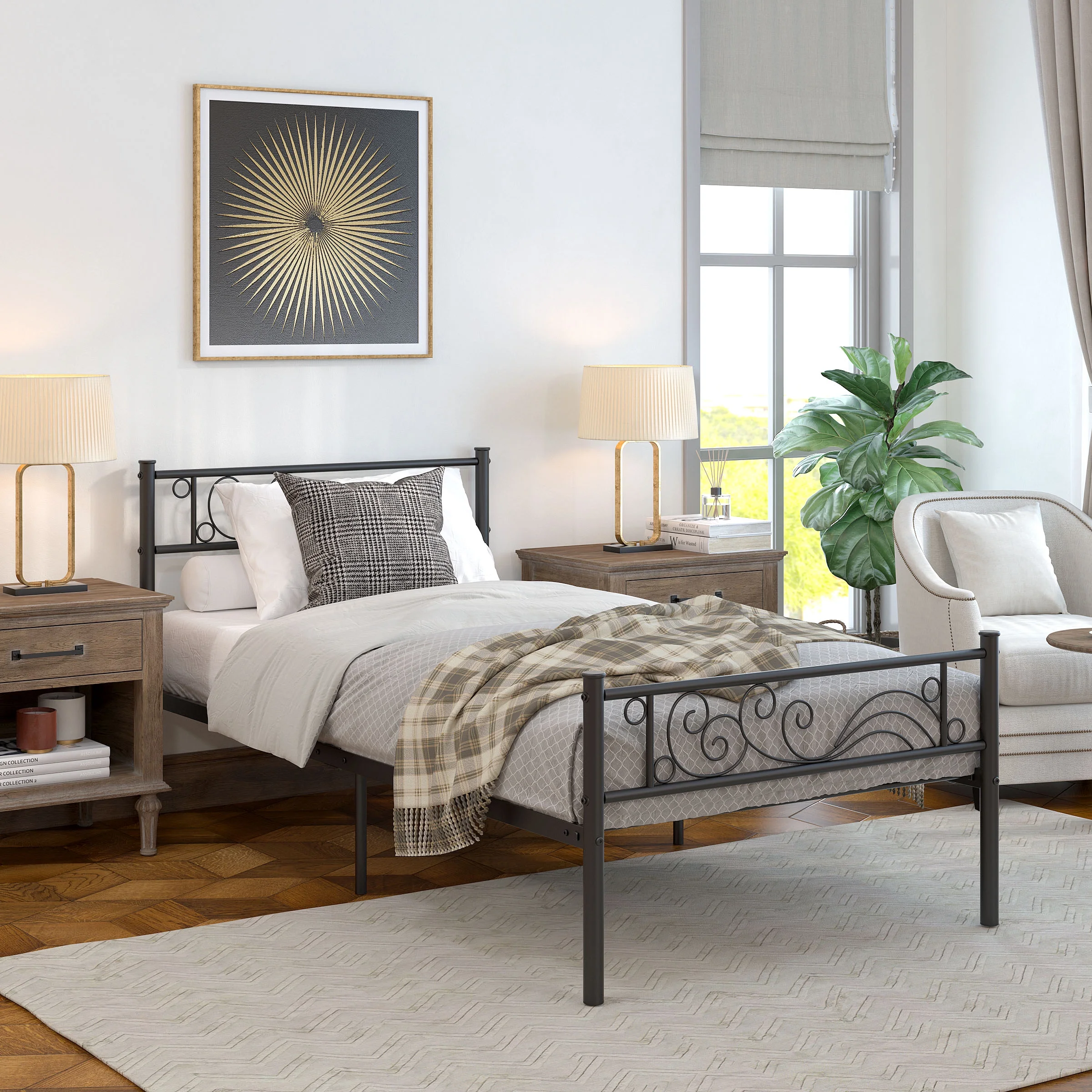 Yoneston Single Metal Platform Bed Frame Twin Size Bed frame with Headboard & Footboard Kids Bedroom Furniture,Black - Image 2