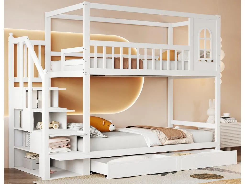 Litera 90x200cm de Mueblestop maciza - 2 cajones y escalera portaobjetos - Blanco YMBI26409