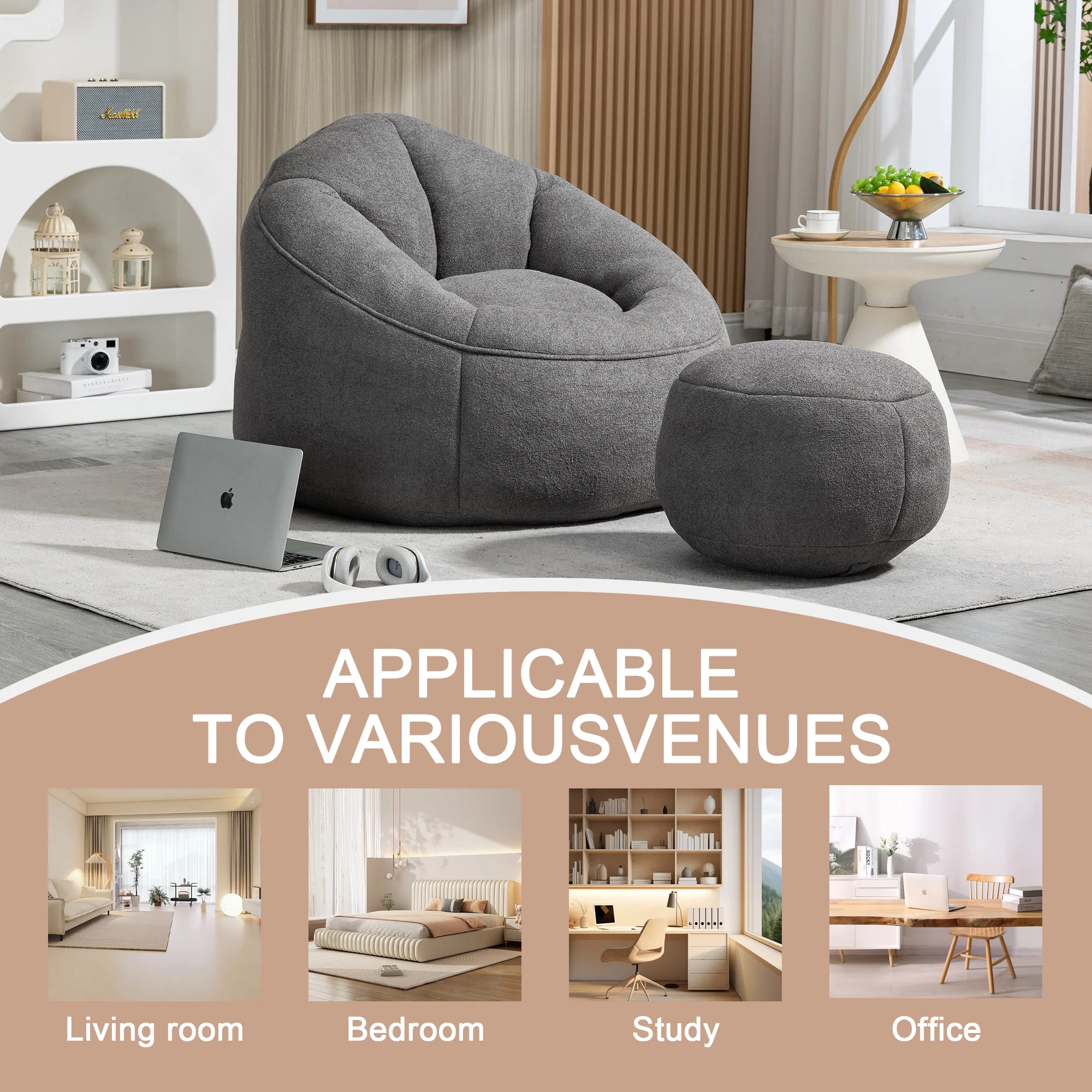 MOONMISS Microfiber Upholstered High Pressure Foam Round Lazy Bean Bag Sofa Chair with Ottoman-Gray - Image 8