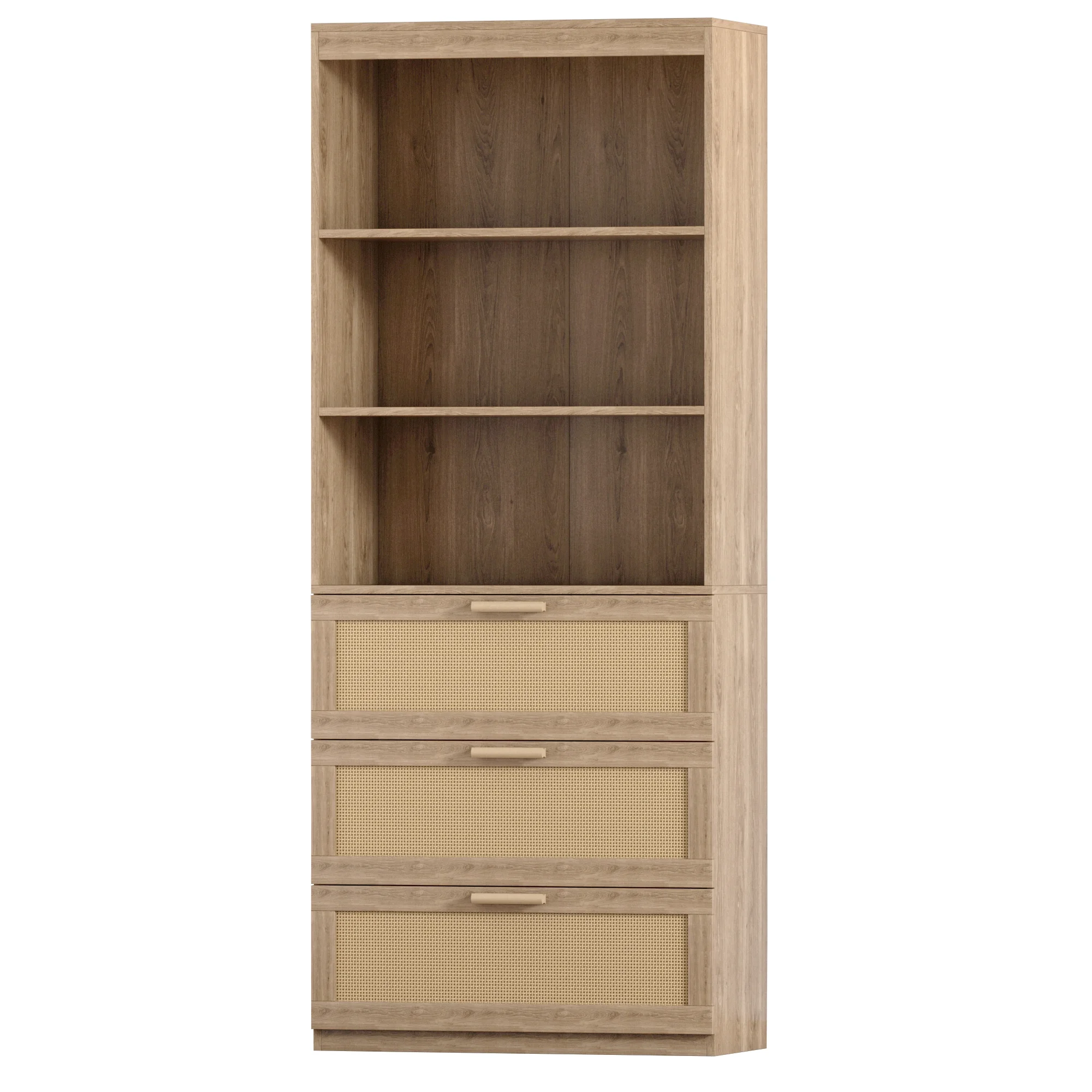 Zimtown Rattan 5-Shelf Bookcase with Drawer, 3 Tier Open Bookshelf with Storage Cabinet, Home Decor Furniture for Home Office, Living Room, Bedroom - Image 3
