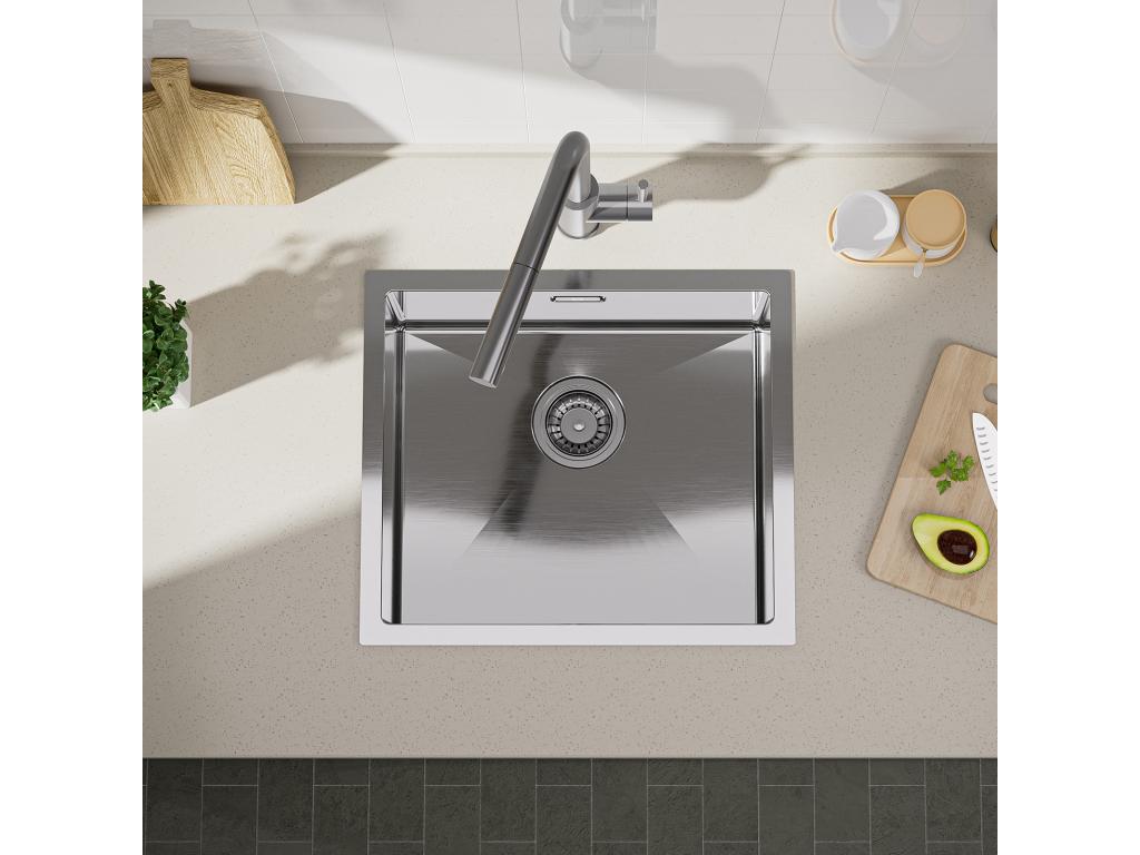 Pratcas 1 Fregadero de lavabo 50*44 cm Fregadero de cocina de acero inoxidable Fregadero bajo encimera cepillado + Mezclador de cocina de resorte negro con ducha extraíble