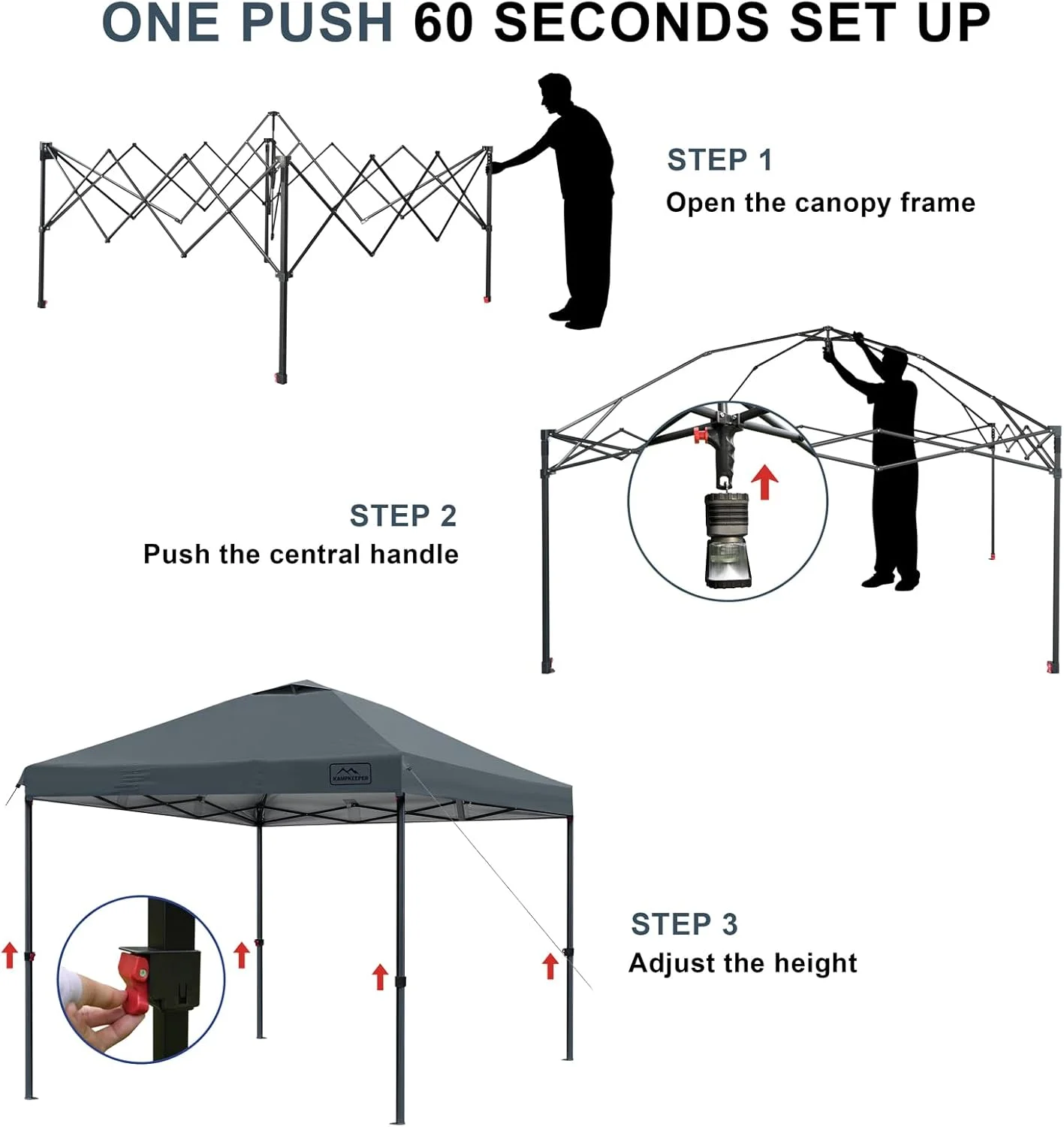 KAMPKEEPER One Person Setup 10x10 Pop up Canopy Tent, Instant Portable Canopy, One Push Outdoor Canopy with 3 Adjustable Heights, Wheeled Carry Bag, Bonus 8 Stakes and 4 Ropes(Dark Grey) - Image 2