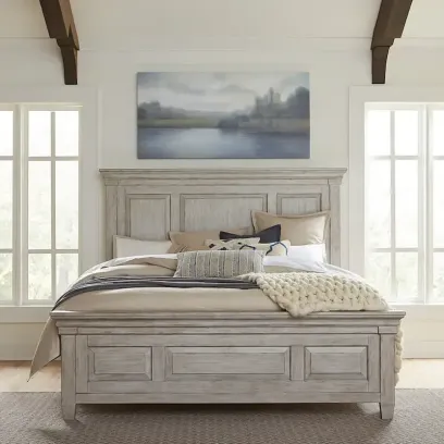Farmhouse Panel Bed with Wooden Frame and Slat Support