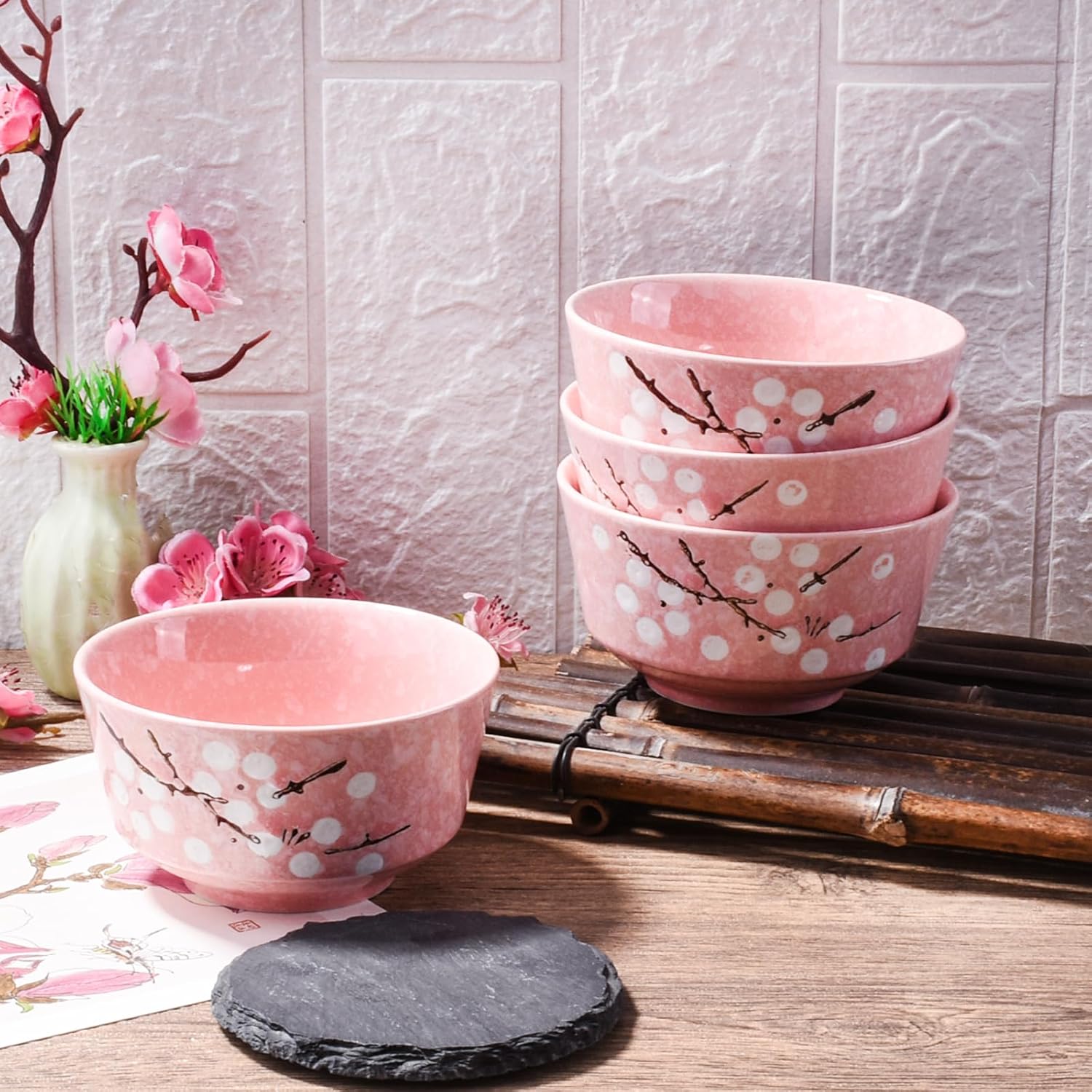 Pink Ceramic Rice Bowl Set of 4, 4.37 Inch Japanese Cherry Blossom Small Bowls for Kitchen, Floral Porcelain Bowls for Cereal, Dessert, Sushi Sauce & Snack