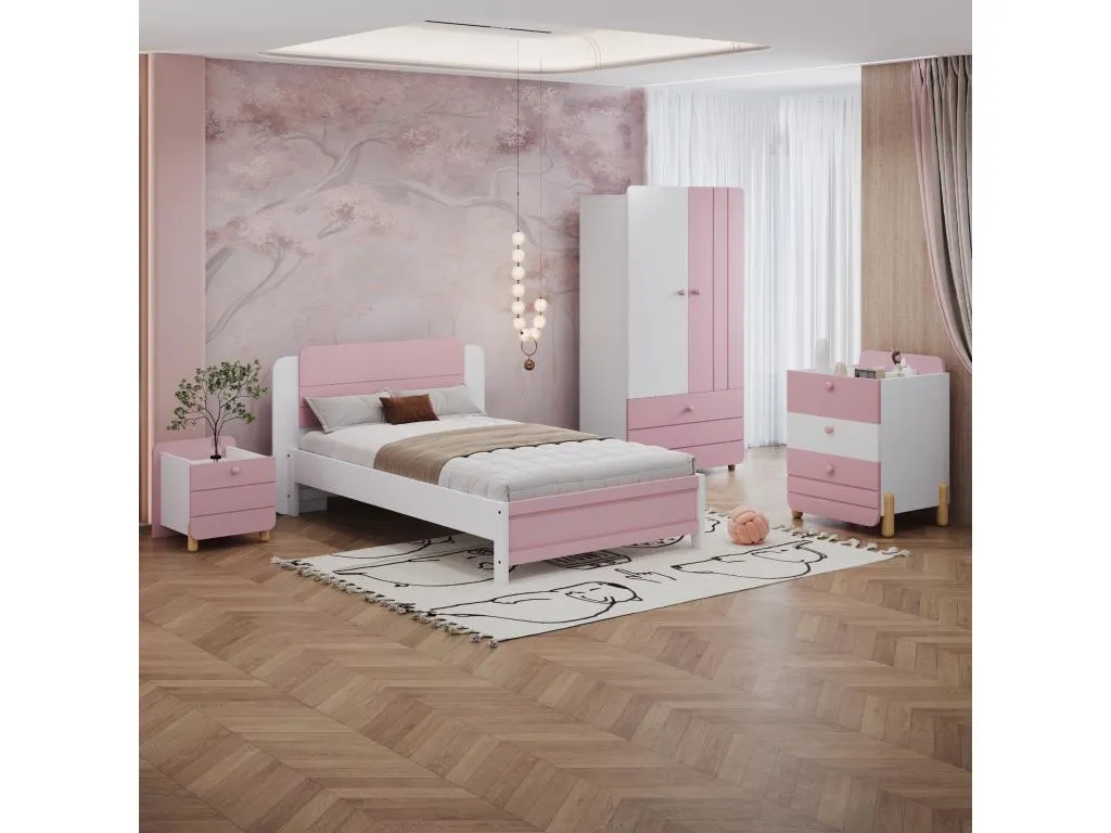Juego de cama con mesita de noche 90x200 cm Somier Cómoda Armario - Color - Rosa