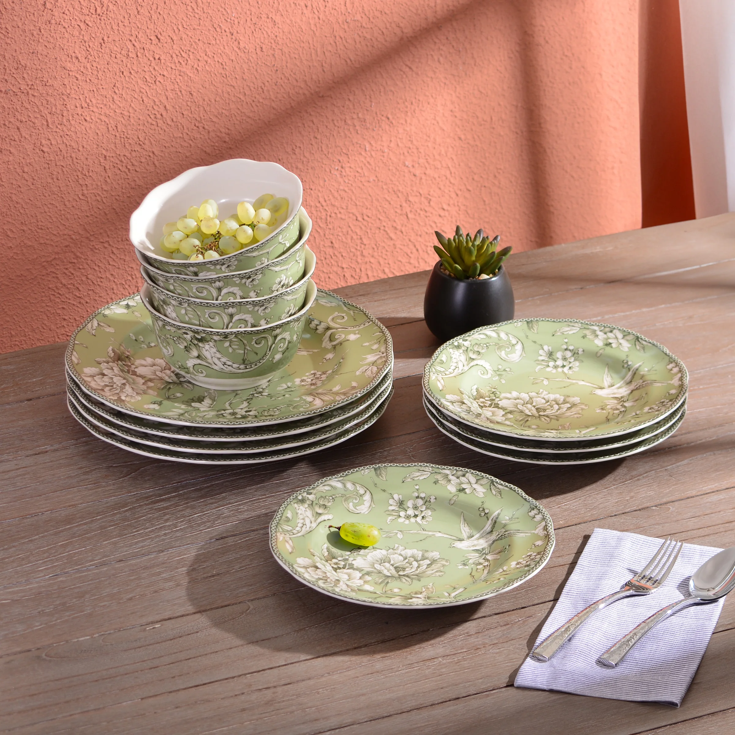 222 Fifth Adelaide Brown on White Porcelain 12 Piece Dinnerware Set, Plates & Bowls, Service for 4 - Image 18
