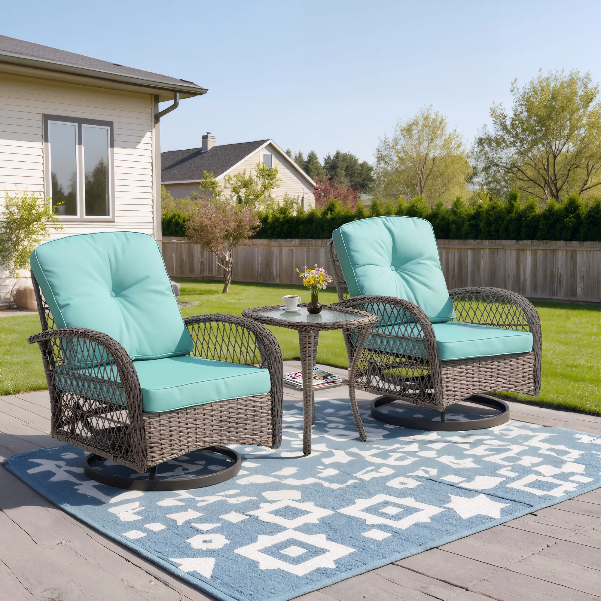 3 Piece Patio Swivel Rocker Chairs Set, 2 360-Degree Swivel Rocking Chairs with 1 Glass Top Table, PE Rattan Outdoor Bistro Set with Cushions for Balcony Deck Poolside Backyard Porch - Image 2