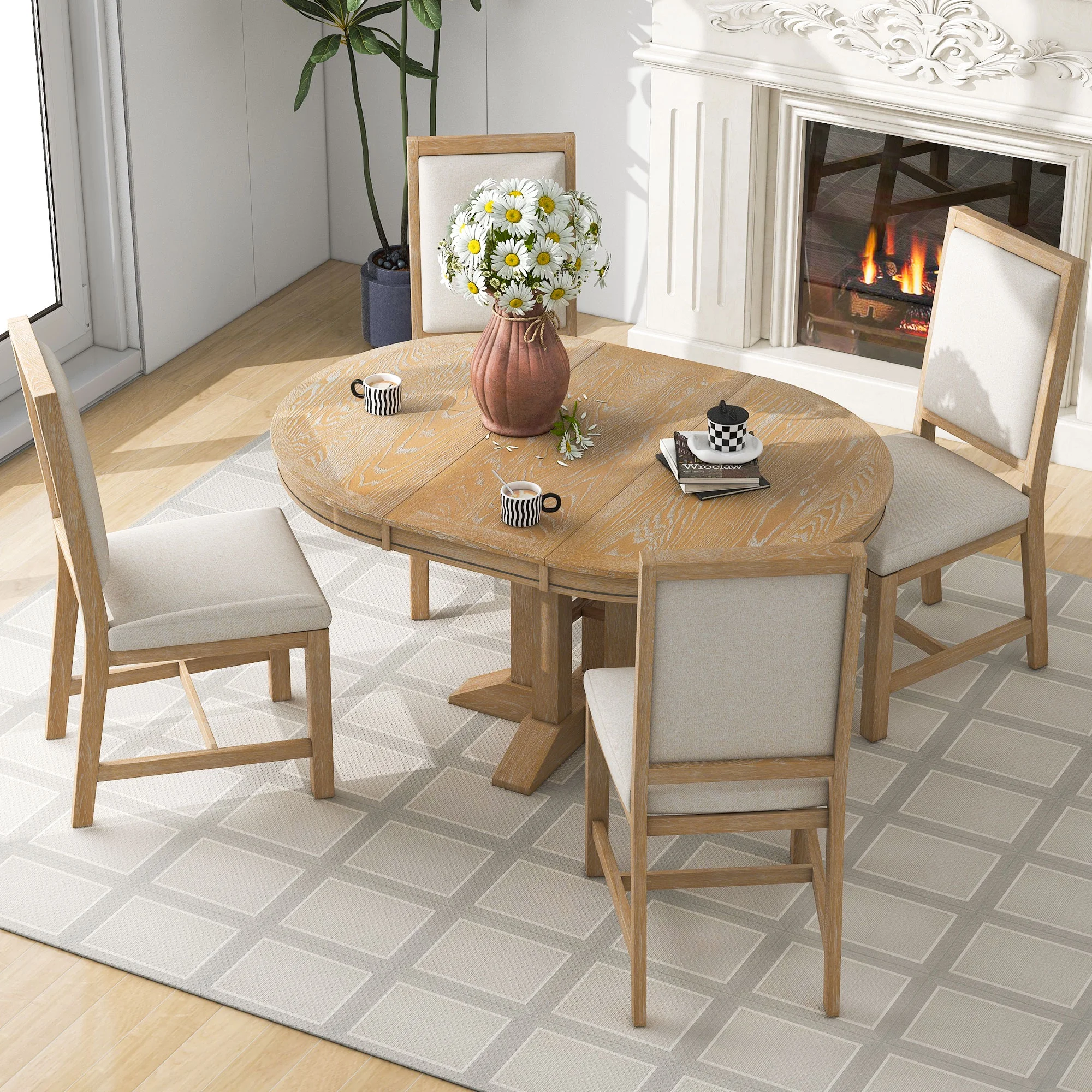 5 Piece Round Dining Table Set, Dining Room Set with Extendable Table and 4 Upholstered Chairs, Wood Dining Table Set for 4, Farmhouse Dining Table Set for Kitchen Dining Room Dorm Apartment, Brown - Image 4