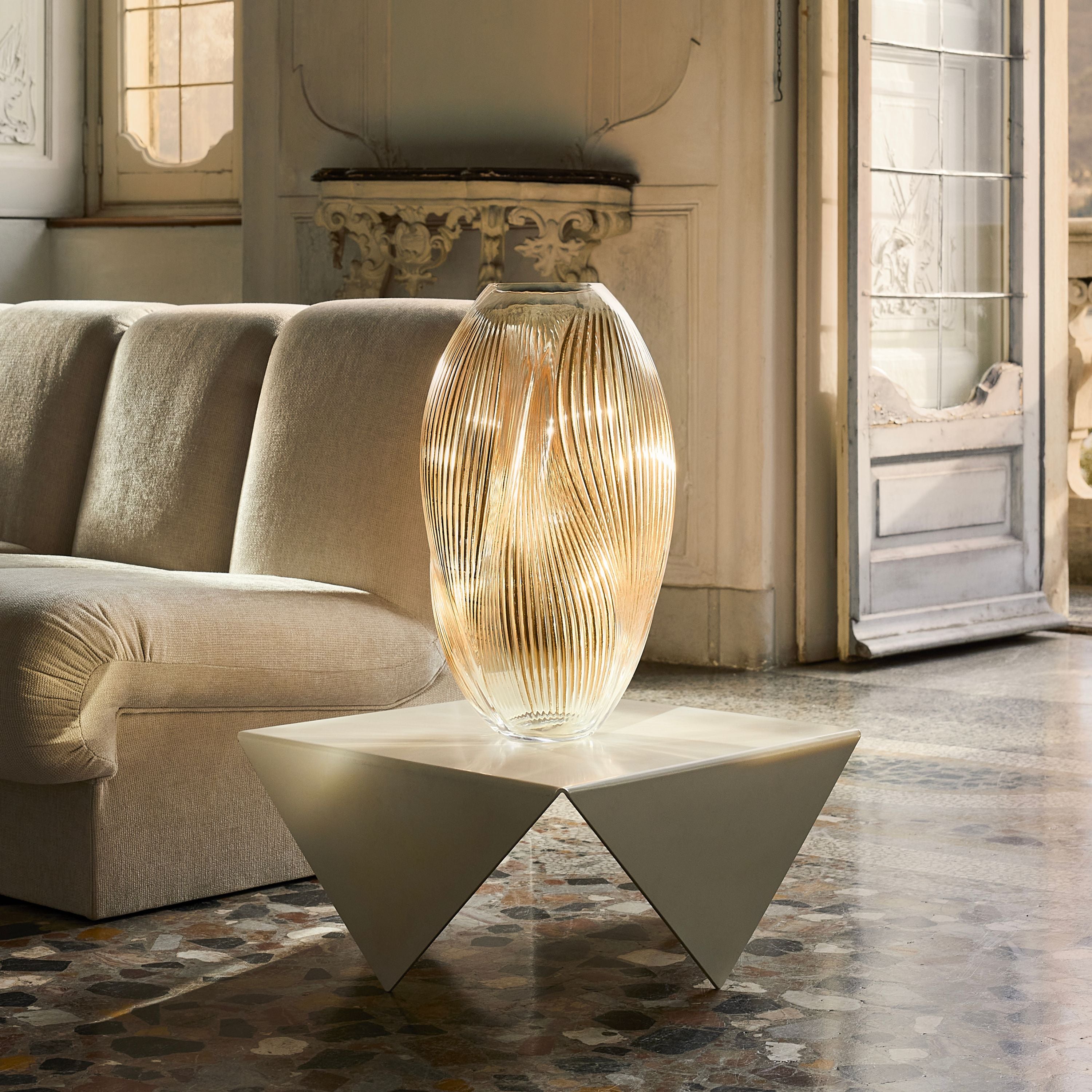 VASE ALIZÉ XXL À LA FEUILLE D'OR ROSE - CRISTAL INCOLORE À LA FEUILLE D'OR ROSE