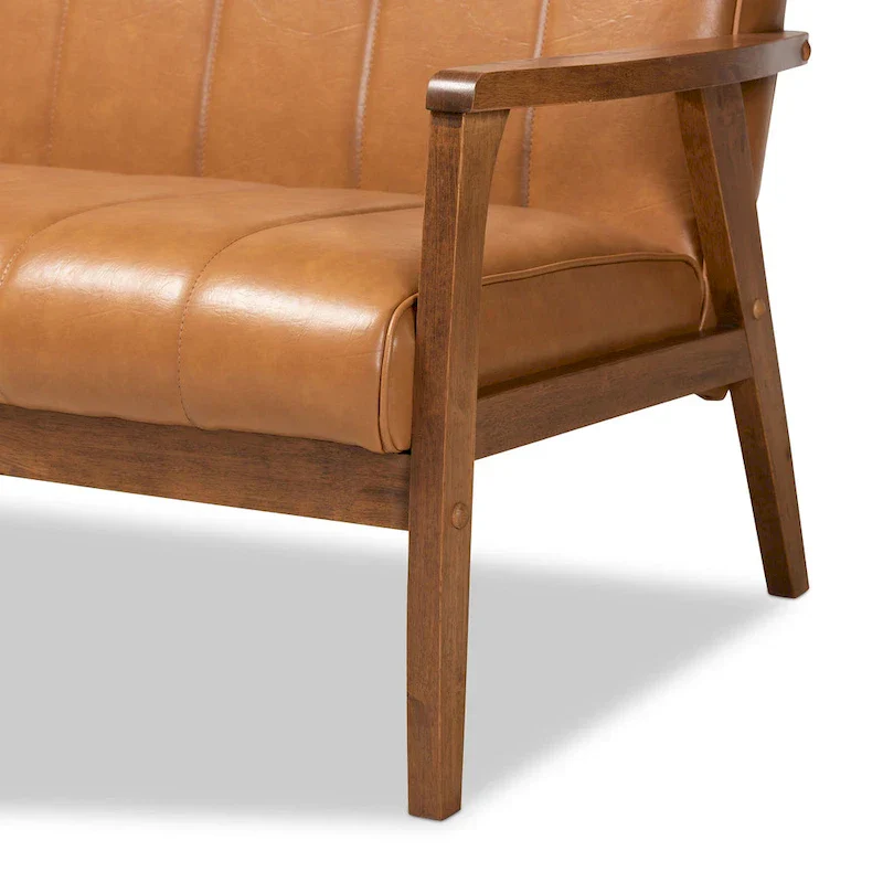 Nikko Tan Faux Leather Sofa with Walnut-Finished Wood Accents
