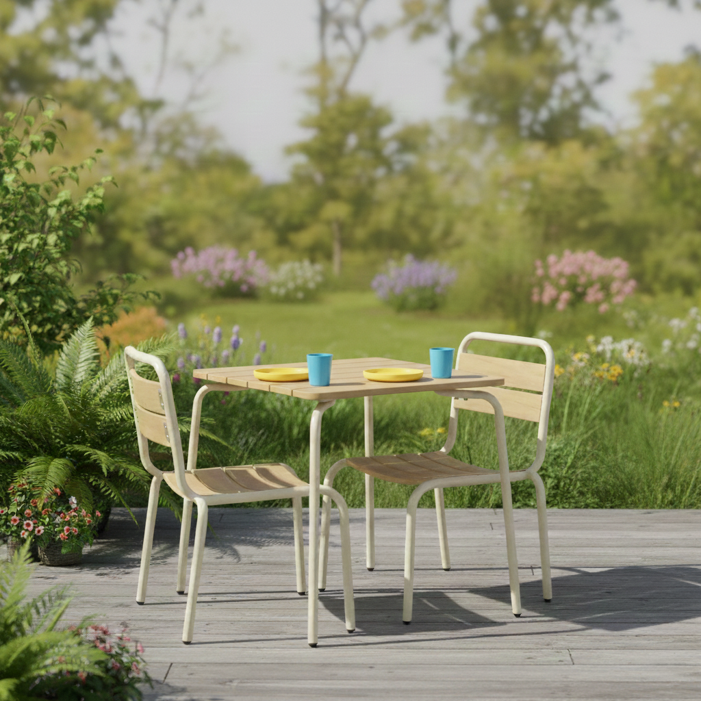 Suzie - Mesa de jardín infantil de acero y decoración de madera con 2 asientos
