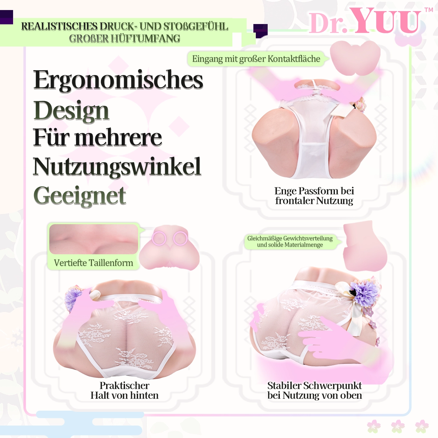 Infografik zum ergonomischen Design mit mehreren Nutzungswinkeln, vertiefter Taillenform und Ansichten eines rosafarbenen Modells mit Spitzeneinsatz.