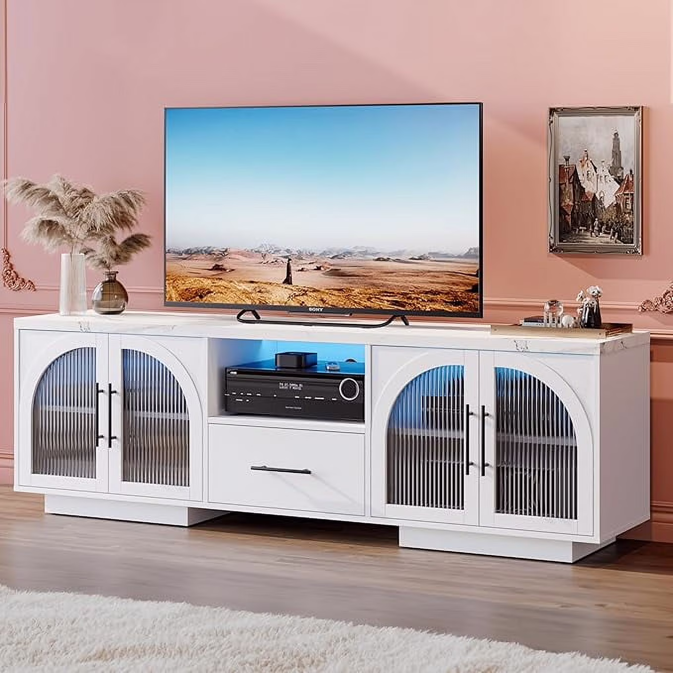 TV Stand for 75 inch TV, LED TV Stand for Living Room,70" Entertainment Center with Arched Glass Doors, Faux Marble Wood Finish Top, Adjustable Shelves, and LED Lighting, Black - Image 3