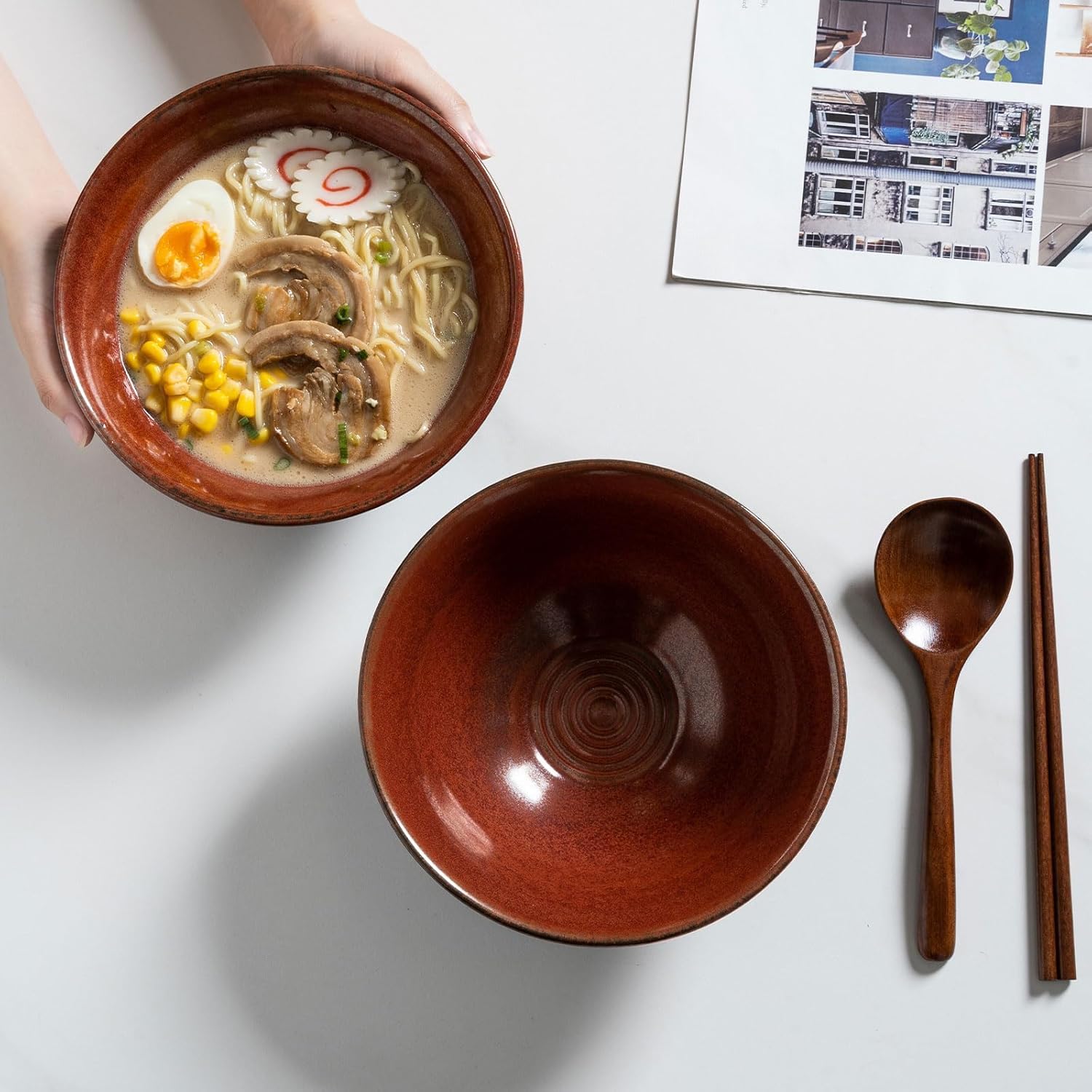 2x Ceramic Ramen Bowls - 40 oz - 20cm - With Spoon and Chopsticks for Ramen Soup Pho Udon Asian Noodles, Large Noodle Bowls (Brown glaze 2 sets)