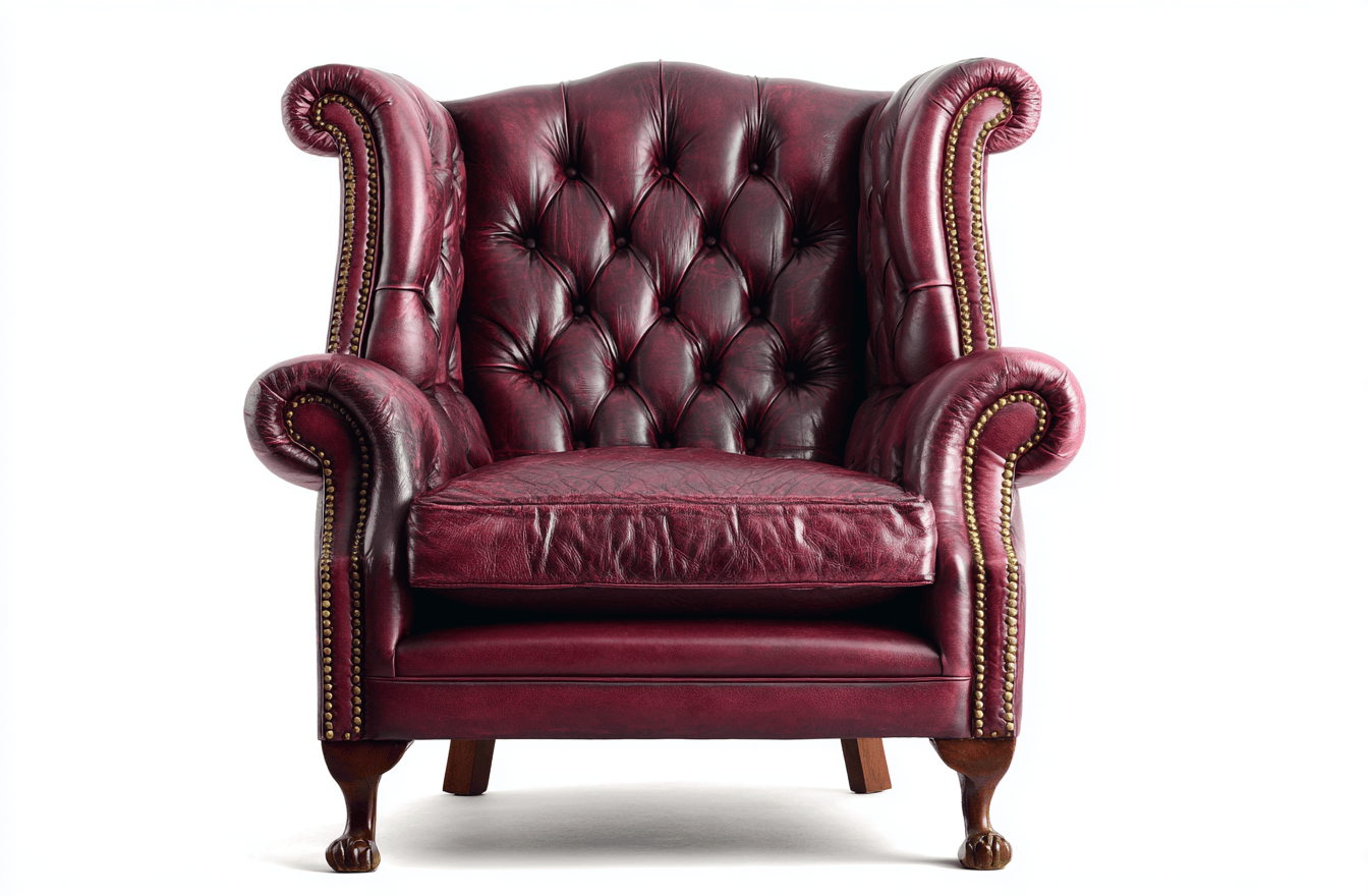 Sillón de cuero burdeos con respaldo capitoné y patas de madera 85×90×100 cm – estilo clásico