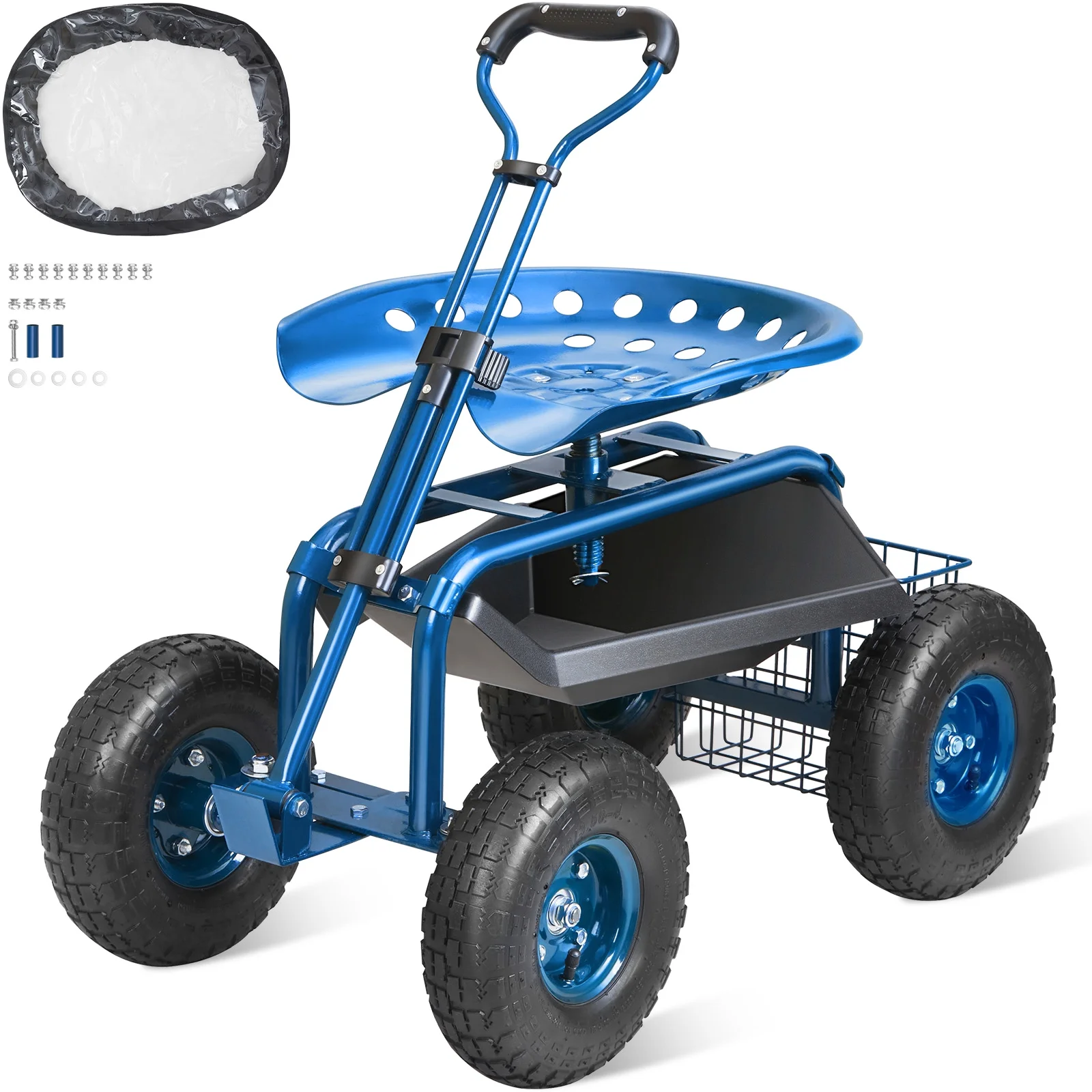KFFKFF Outdoor Cart with Rotating Seat, Planting Stool on Wheels, Garden Trolley with Directional Handle and Handy Tool Tray, Ideal for Lawn, Patio, and Outside Areas, Blue - Image 9