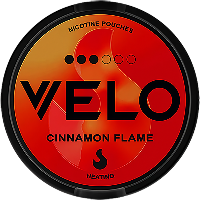 VELO Cinnamon Flame 10mg nicotine pouches — Slim Moist can with 20 strong cinnamon pouches