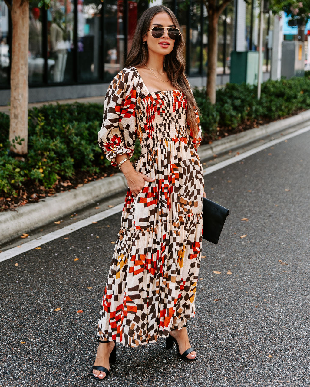 Faye Printed Pocketed Smocked Midi Dress - Se7enfashion