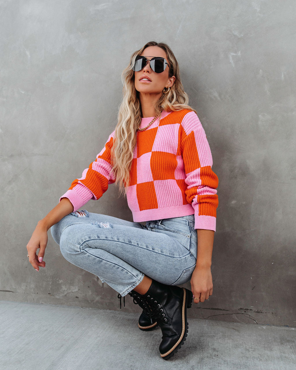 Morris Checkered Pullover Sweater - Pink/Orange Combo - Se7enfashion
