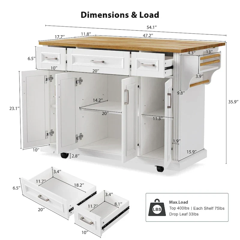 Large Kitchen Island with Wood Drop Leaf, Embossed Texture Rolling Kitchen Cart wDoors and Drawers wStorage for Kitchen, White
