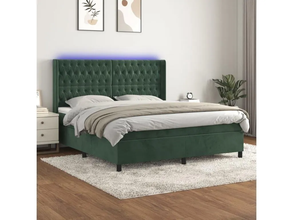 Cama box spring colchón y led terciopelo verde oscuro 160x200cm zqe3529095