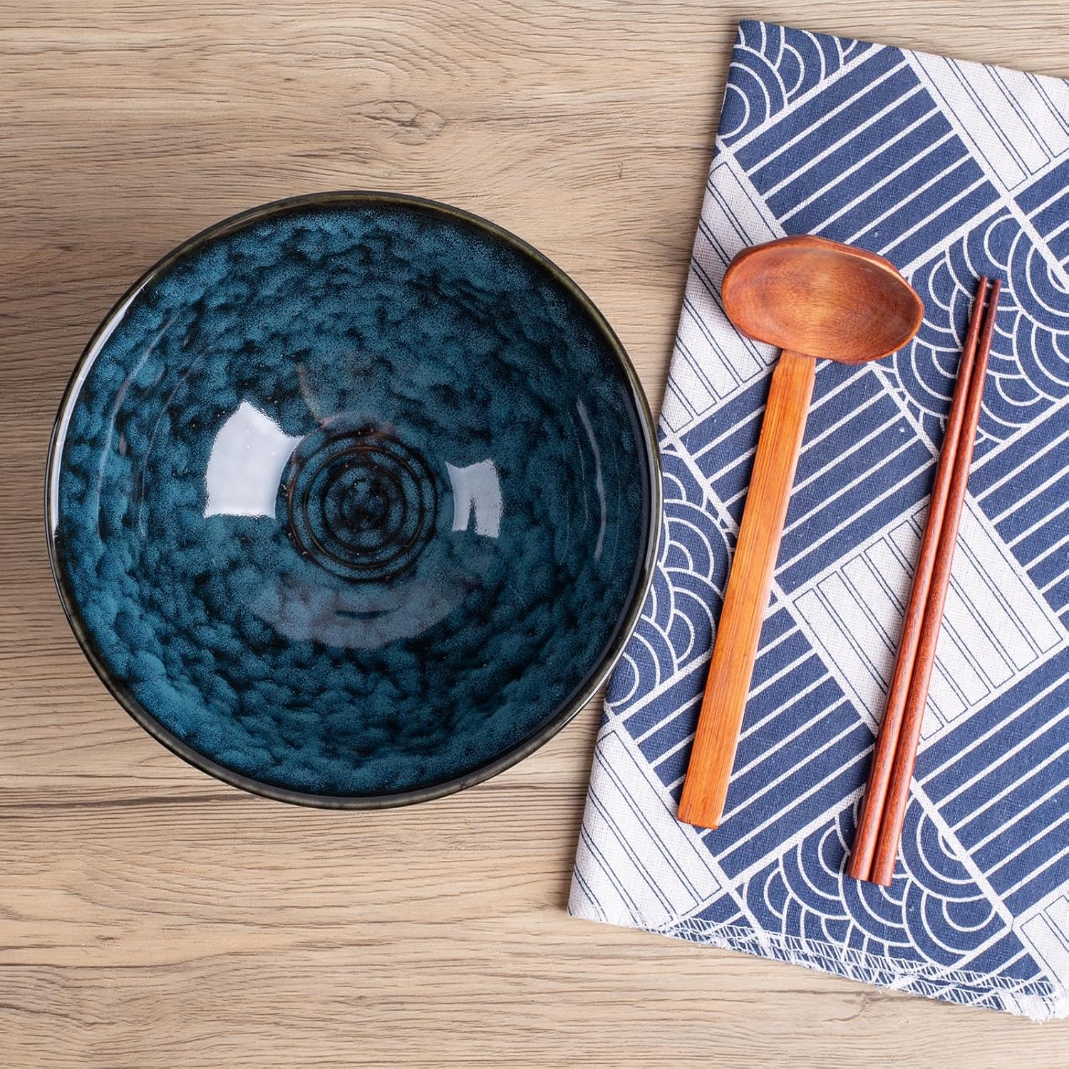 40oz Japanese Ceramic Ramen Bowl Set of 2 with Chopsticks and Spoons for Pho Udon Asian Soup Noodles (Nebula Blue)
