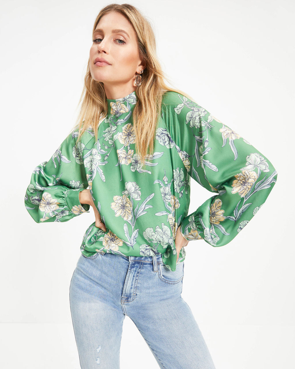 Peaceful Oasis Satin Floral Mock Neck Top - Se7enfashion