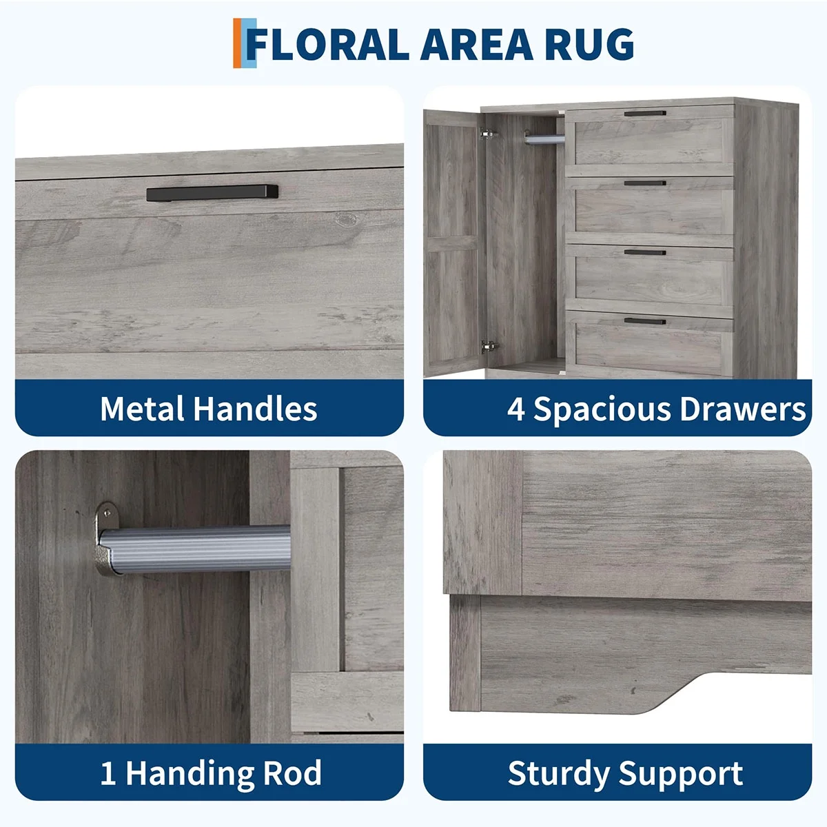 Ataucjin Wood Armoire Wardrobe Closet with 4 Drawers and Door, 43.3" H Bedroom Wardrobe Cabinet with Hanging Rod, Clothing Storage Cabinets, 4 Drawers Dresser with Storage Closet - Image 13