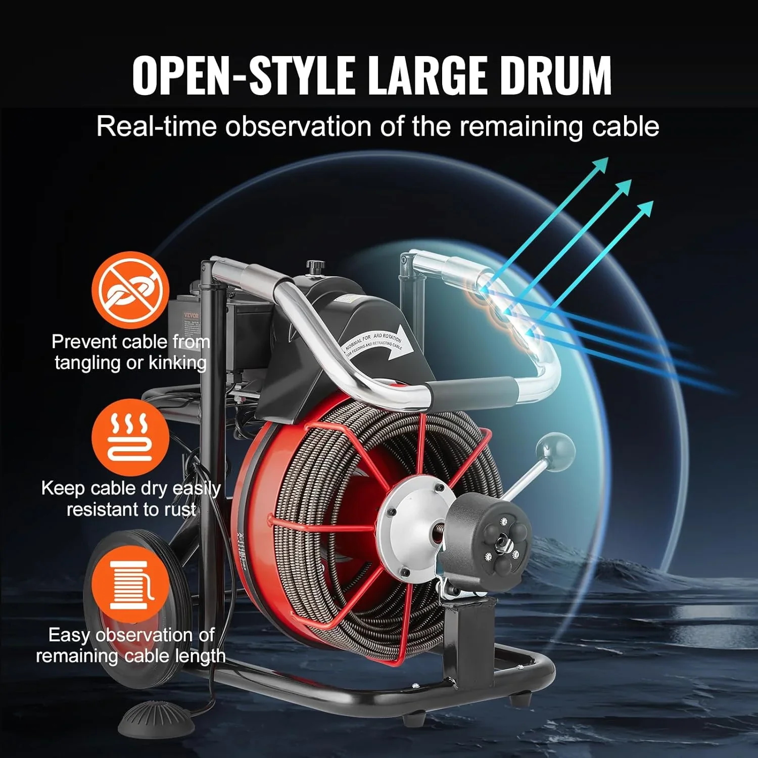 Drain Cleaner Machine 100FT x 1/2 Inch, Auto Feed Sewer Snake Auger on Wheels, 550W Portable Drain Cleaning Machine with 8 Cutters & Air-activated Foot for 2" to 4" Pipes