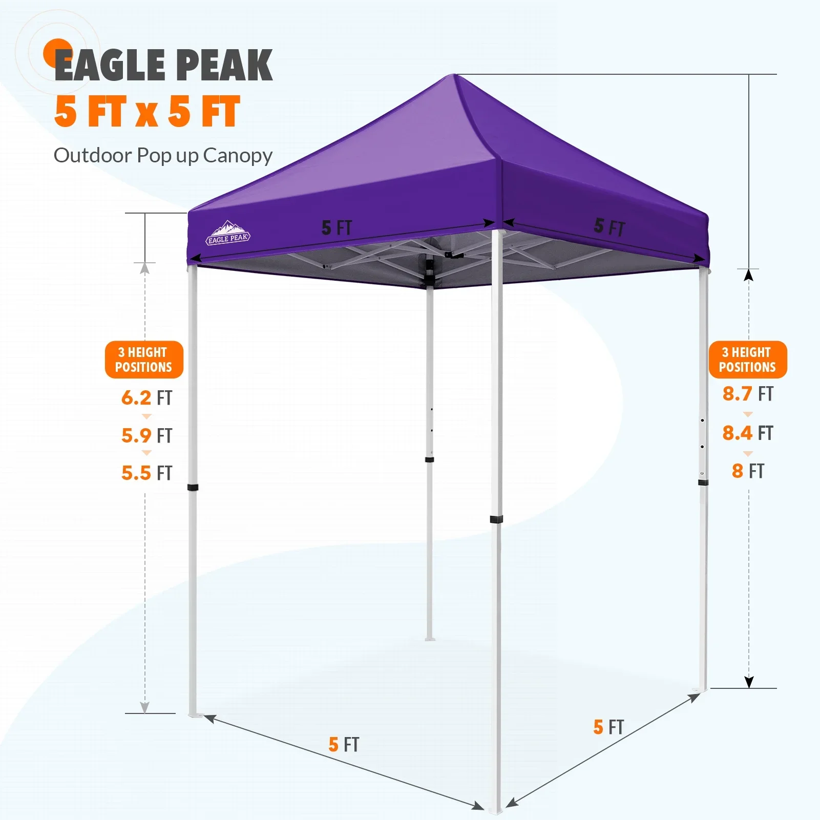EAGLE PEAK 5x5 Pop up Canopy Tent Instant Outdoor Canopy Easy Set - up Straight Leg Folding Shelter（blue）