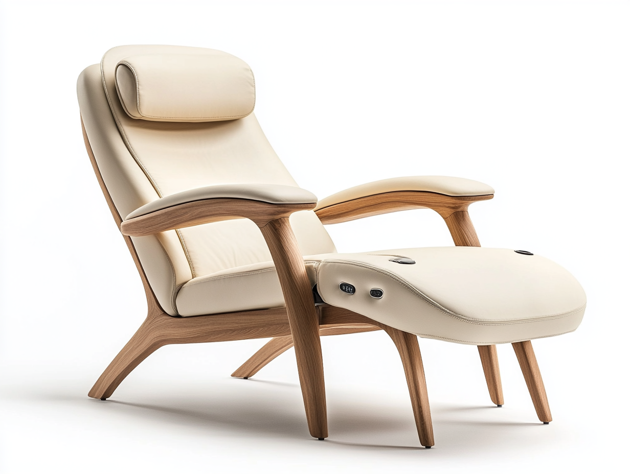 Sillón reclinable con función de masaje, cuero beige y base de madera