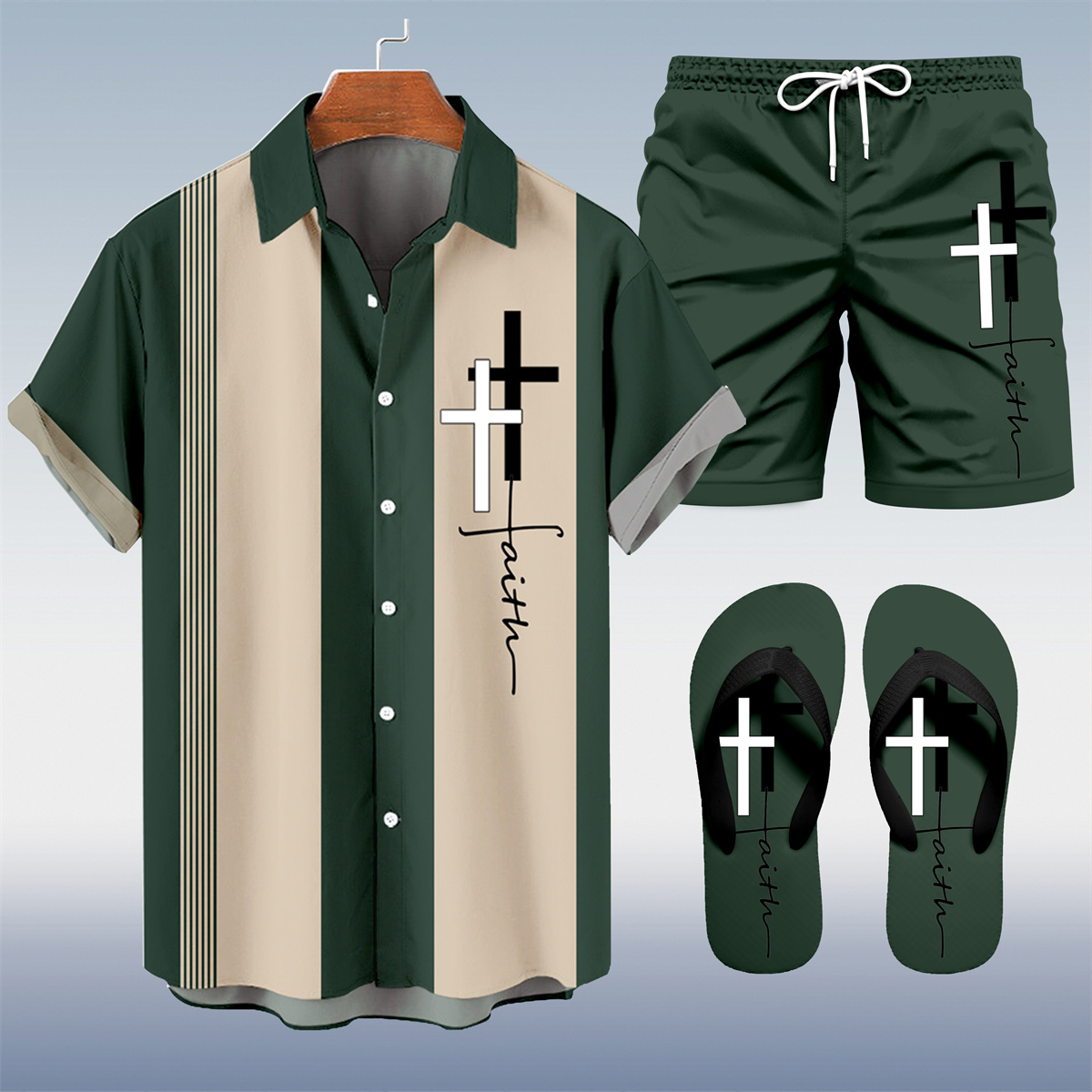 Suitmens Men's Hawaii Vacations Print Shirt Three-Piece Set 056