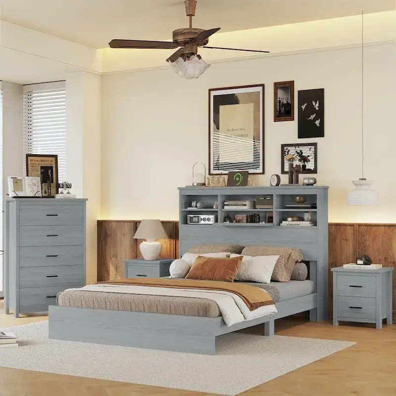 Vintage Queen Size Bedroom Set: 4-Piece Wooden Bed Frame with 2 Nightstands and 1 Dresser