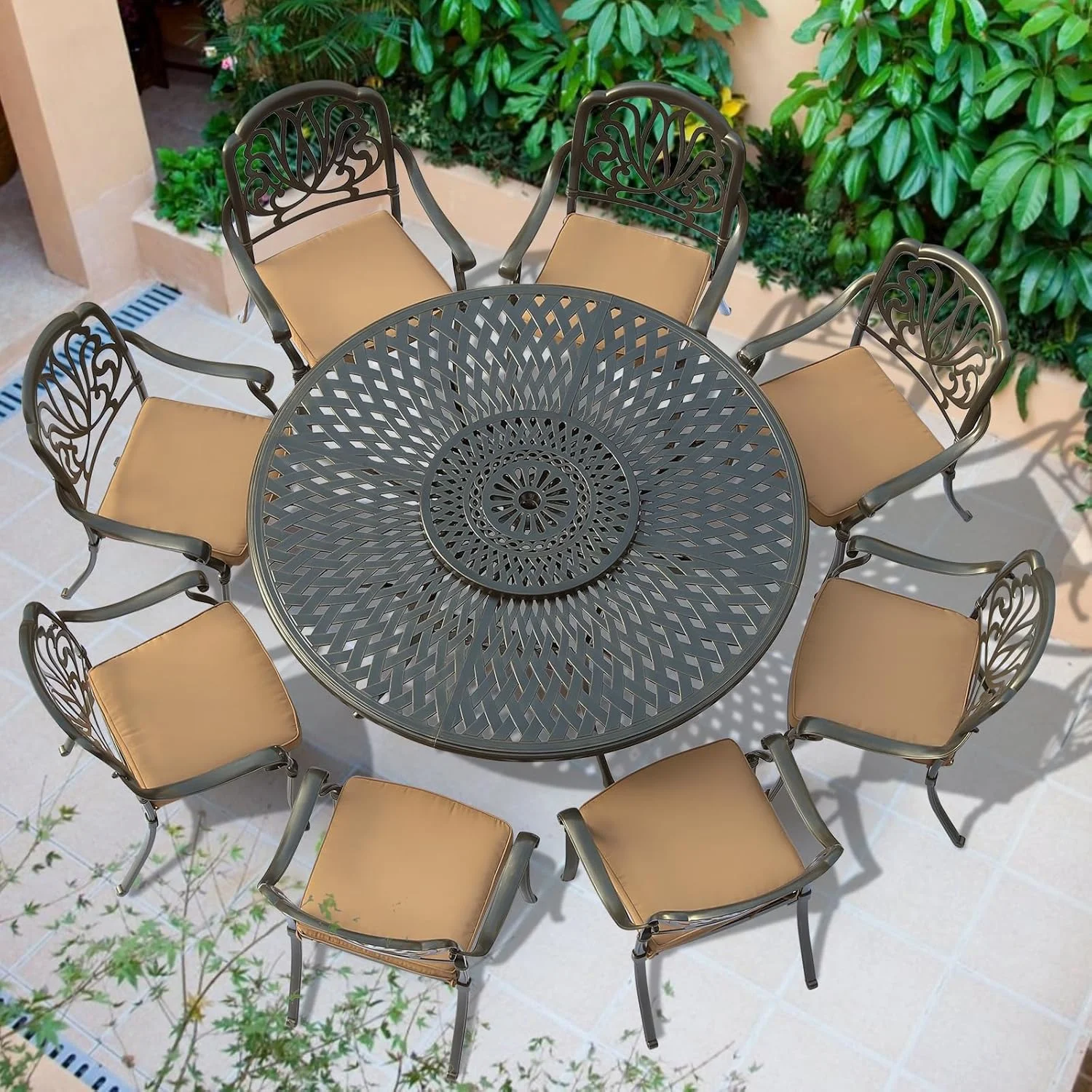 VIVIJASON Outdoor 61" Patio Dining Table for 6-8 Person, Large Patio Round Dining Table with 24" Lazy Susan, Dark Bronze Cast Aluminum Rustic Patio Table W/Umbrella Hole for Balcony, Porch and Deck - Image 15
