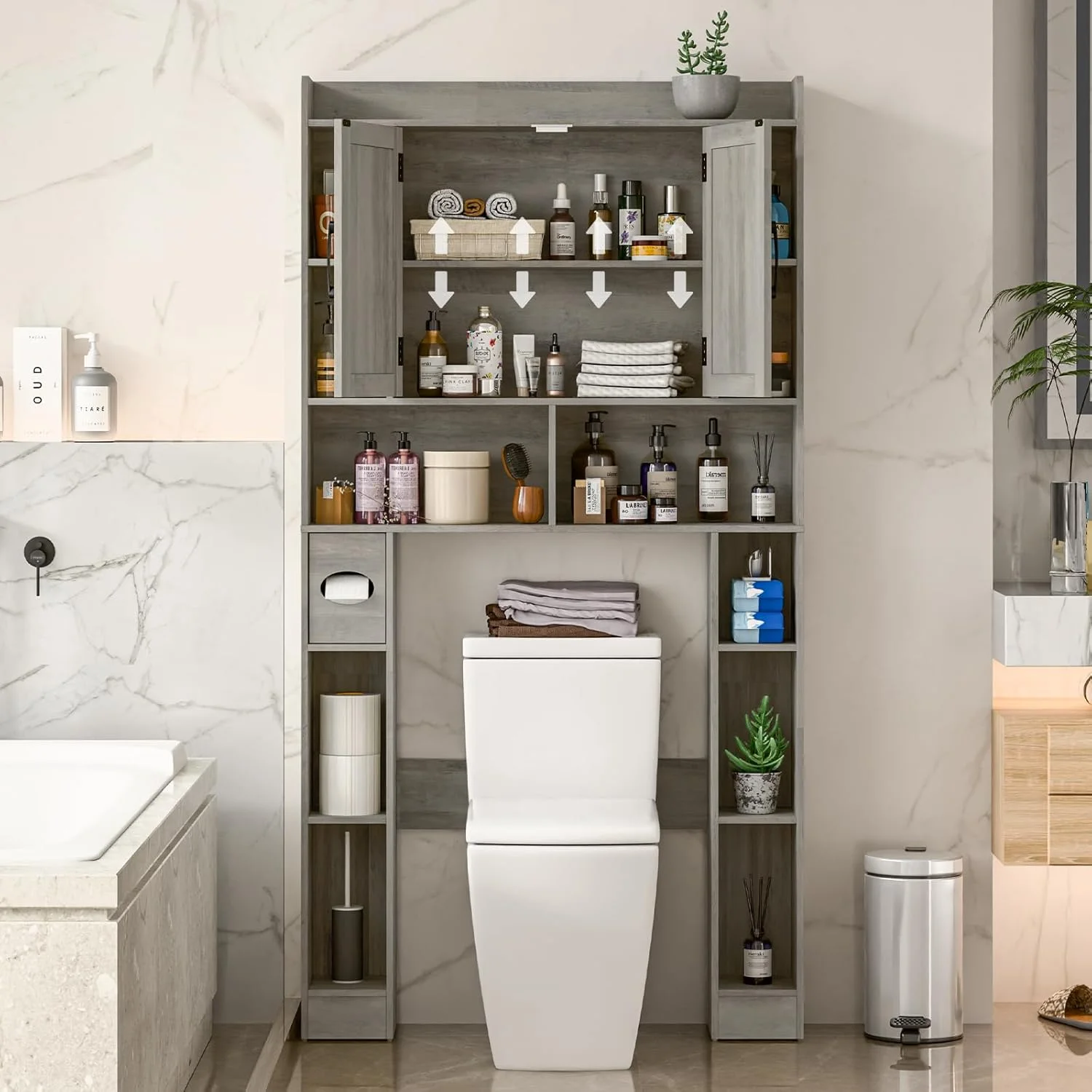 Vabches Over The Toilet Storage Cabinet, Freestanding Bathroom Space Saver with Adjustable Shelf and 2 Doors - Image 4