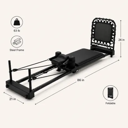 Folding Pilates Reformer Exercise Machine Black Steel Home Workout Equipment 86 x 21 x 26 in