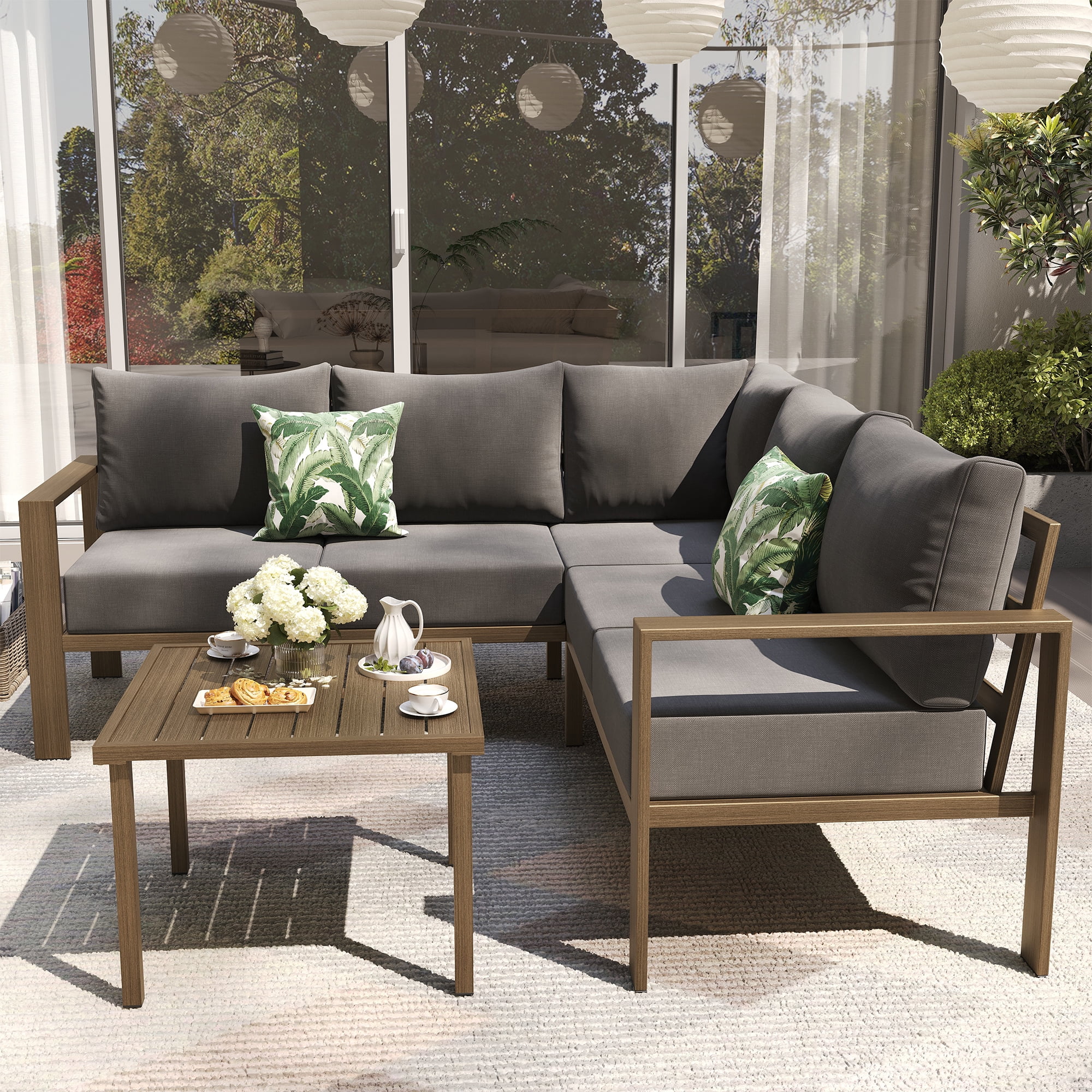 ELPOSUN 6 Pieces Patio Furniture Sets with 6" Thick Olefin Cushions, Metal Outdoor Sectional Furniture L Shape Patio Conversation Sets for Garden, Backyard Beige - Image 16