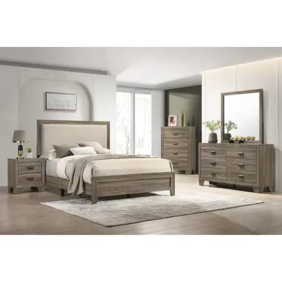 Linette 6-Piece Grey Contemporary Solid Wood and Veneer Upholstered Bedroom Set